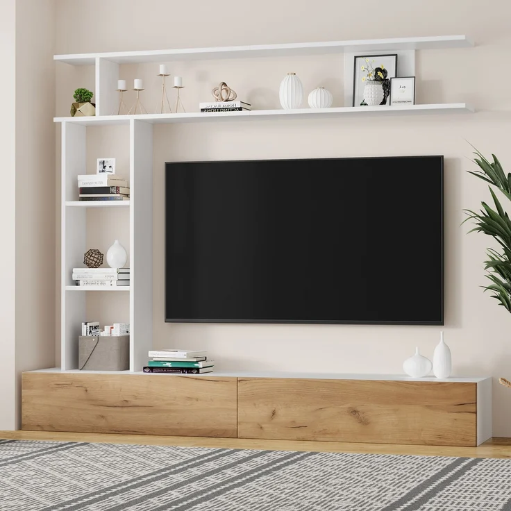 180*35*22.5cm TV Wohnwand-set mit Vitrinen,Mediawand inkl. TV-Board, Standregal und Wandregal,TV Wohnzimmermöbel-Set,TV-Schrank, stehend&hängend,TV bis 80',Weiß + Holzfarbe--Weiß + Eiche--95.99x36.5x16.99cm--YOUDENOVA – Bild 2