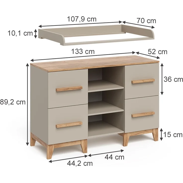 Wickelkommode Malia Cashmere/Artisan 133 x 98 cm XL mit 4 Schubladen Vitalispa – Bild 2
