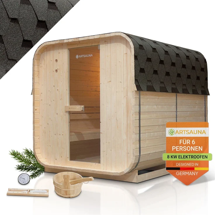 Artsauna Fasssauna Nolvik XL, Outdoor-Sauna aus Fichtenholz, 8 kW Ofen, LED, Komplettset mit Sanduhr, Eimer & Thermometer, winterfest, Cube Design – Bild 1