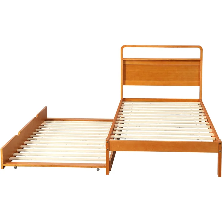 Merax Holzbett, Einzelbett, Kinderbett, 90x200 cm, mit Ausziehbett 90x190 cm, Funktionsbett mit links/rechts montierbarem Gästebett, Natur – Bild 9