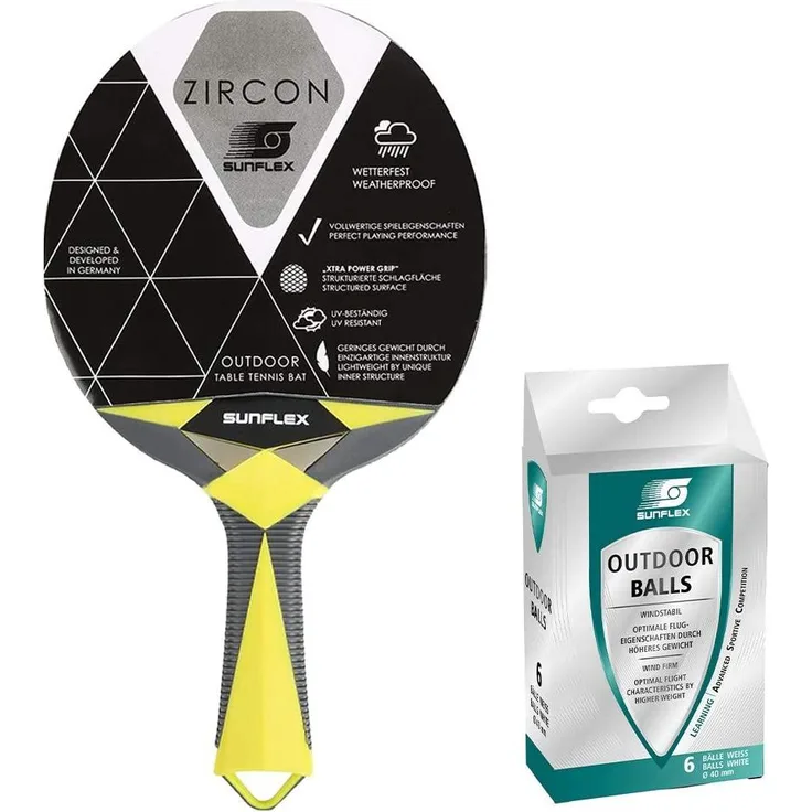 Sunflex Tischtennisschläger Zircon Outdoor + 6x Outdoor Tischtennisbälle