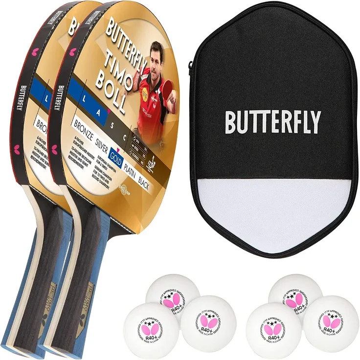 Butterfly 2x Timo Boll Gold 85021 Tischtennisschläger + Tischtennishülle + 6x 40+ 3*** Bälle