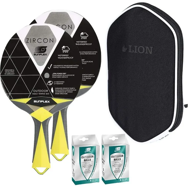 Sunflex 2x Tischtennisschläger Zircon Outdoor + Tischtennishülle + 12x Outdoor Tischtennisbälle