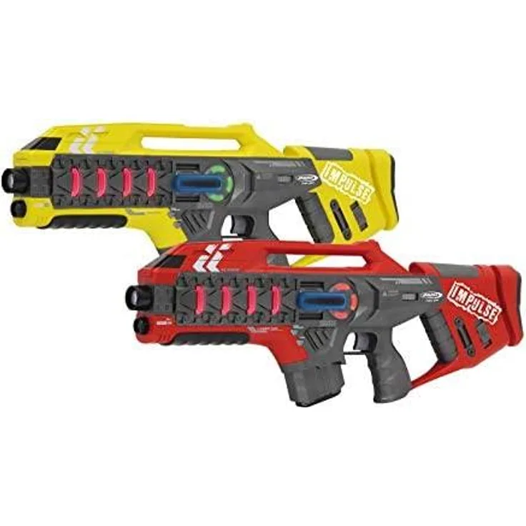 Jamara 410083 Impulse Gun – Rifle Set gelb/rot – Laser Tag mit 3 Battlemodi Spieler je Team, Last Man Standing, Duell, 4 simulierte Waffen mit Soundeffekte, bis 40m Reichweite