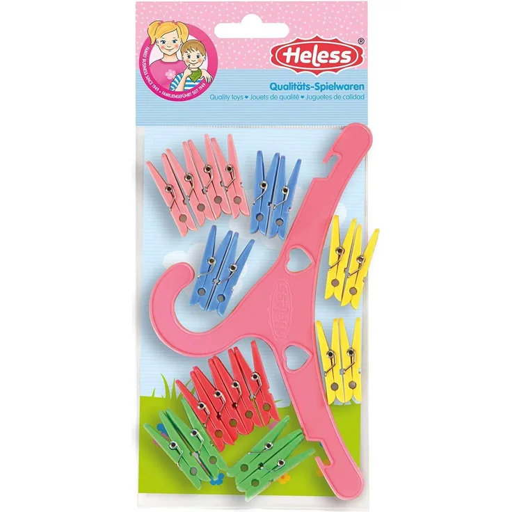 Heless 116 - Set aus 20 Wäscheklammern und einem Kleiderbügel, bunt, Zubehör für den Puppenhaushalt