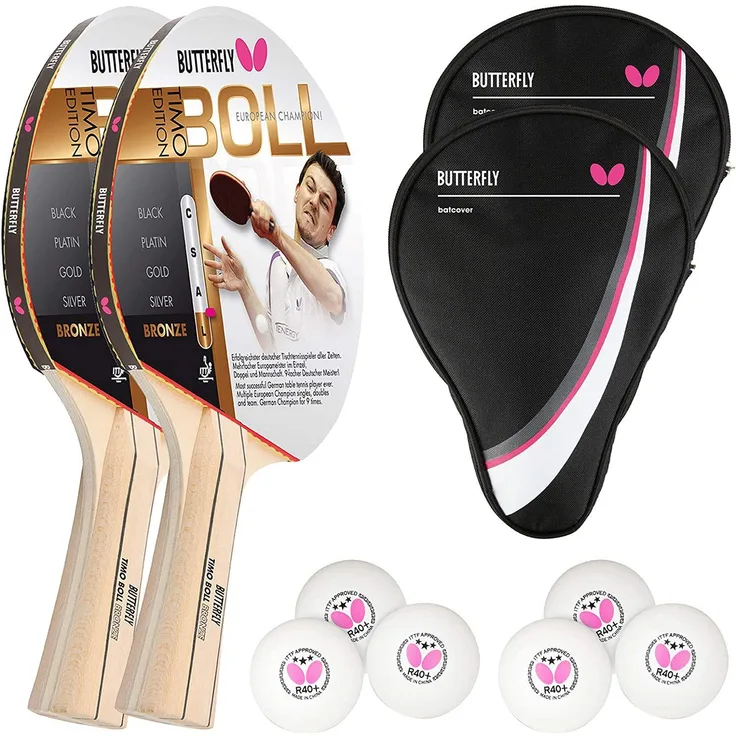 Butterfly 2x Timo Boll Bronze 85010 Tischtennisschläger + 2x Tischtennishülle Drive Case + 6x 40+ 3*** Bälle