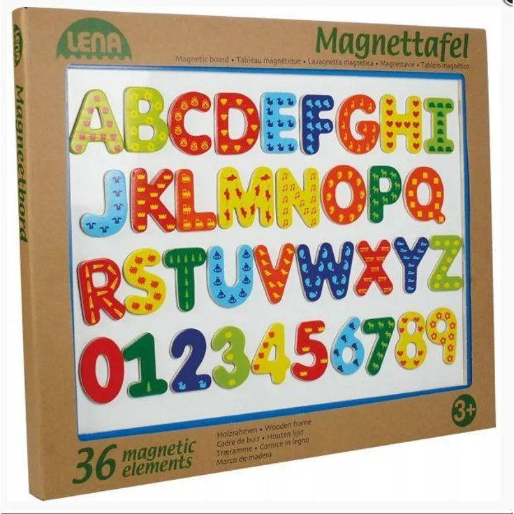 Lena 65822 - Holz Magnettafel Set, mit magnetischer Tafel, ca. 44 x 38 cm, 26 Magnetbuchstaben und 10 Magnetzahlen, Holzmagnettafel für Kinder ab 3 Jahre, Lernset mit Buchstaben mit Anlautbildern