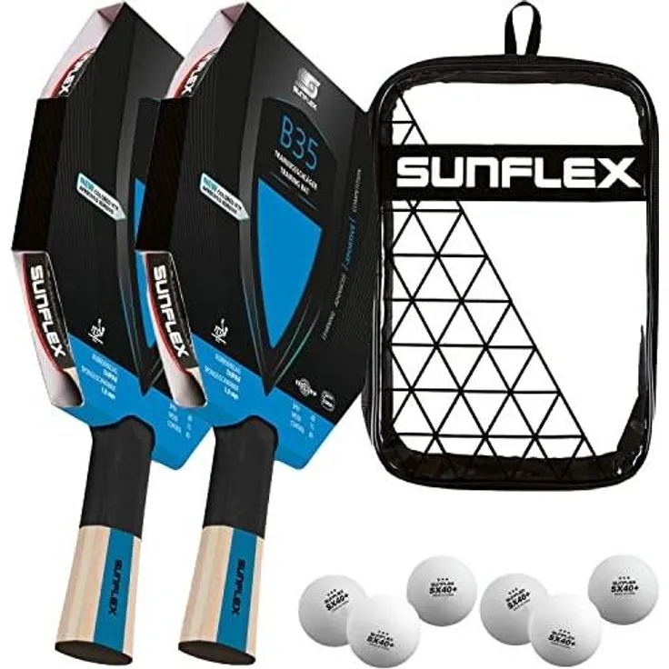 Sunflex B35 2 x Tischtennisschläger + Tischtennishülle Double + 2 x 3*** ITTF SX40+ Tischtennisbälle