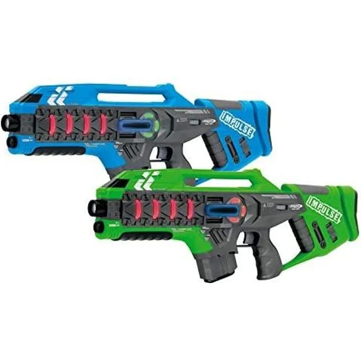 Jamara 410084 410084-Impulse Gun – Rifle Set blau/grün-Laser Tag mit 3 Battlemodi Spieler je Team, Last Man Standing, Duell, 4 simulierte Waffen mit Soundeffekte,bis 40m Reichweite