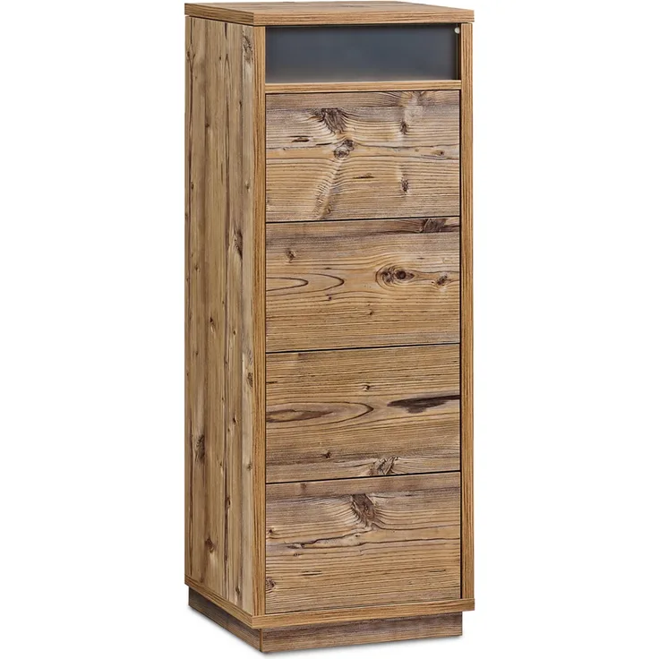 AILEENSTORE Kommode mit 4 Schubkästen, Klapp-Deckel & Dokumenten-Ablage mit Glasfenster - Schubladen-Turm - Push-To-Open Sideboard Fichte