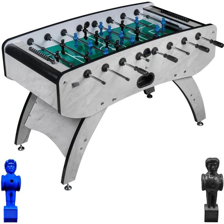 Fußball Tischkicker Design Weiss grünes Spielfeld Figuren Blau Schwarz 80kg