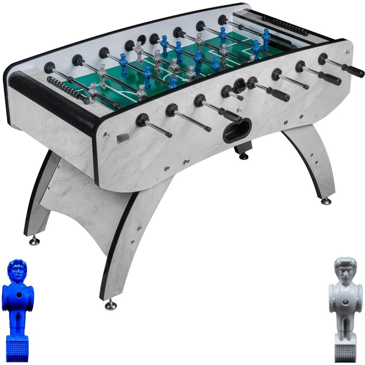 Fußball Tischkicker Design Weiss grünes Spielfeld Figuren Blau Grau 80kg
