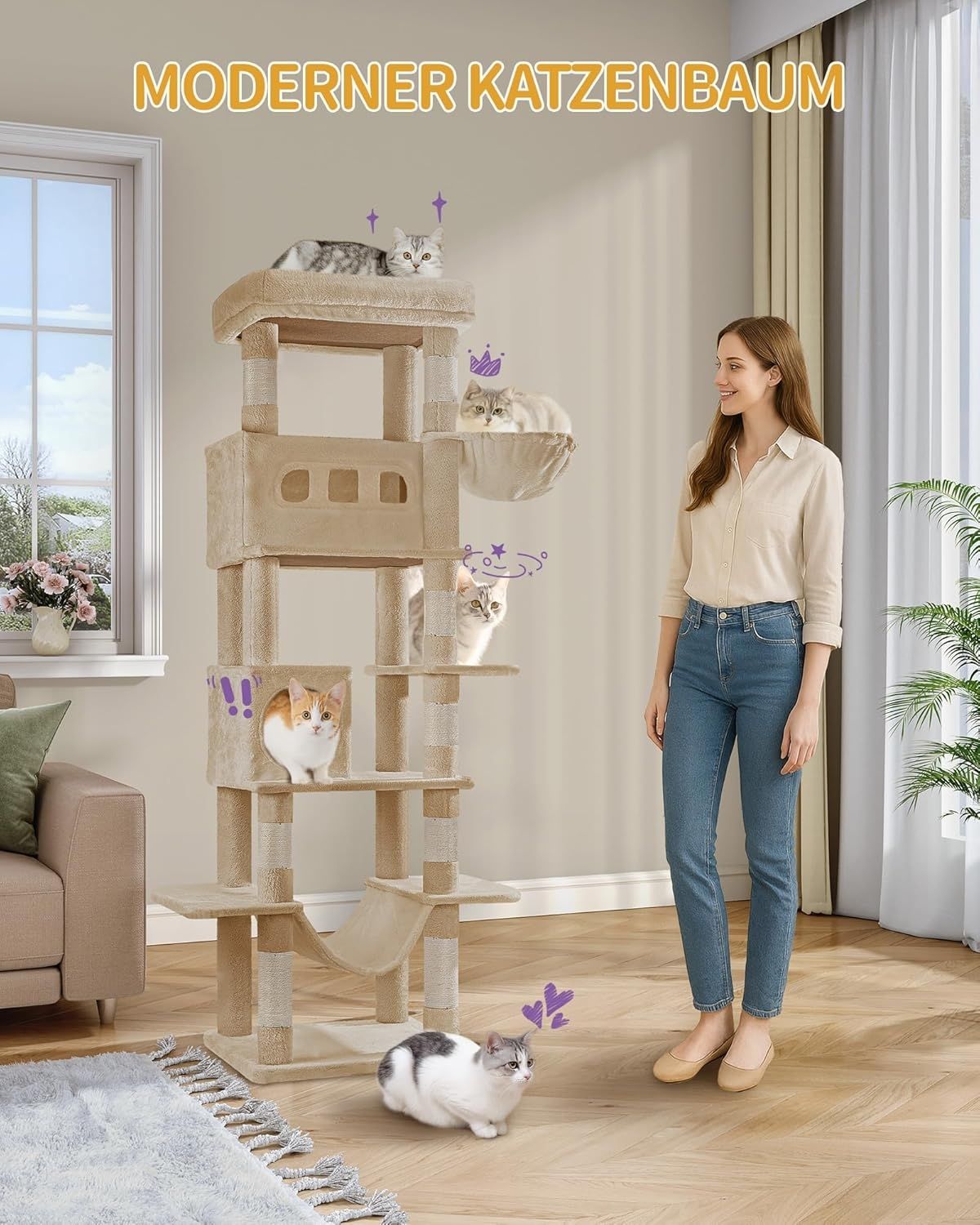 Kratzbaum groß, 170 cm Hoch, Katzenbaum, mit 8 Kratzbäume, 2 Höhlen, groß Plattformen, Waschbare Matte, Hängematte, Plüschbälle, Mehrstöckiger Katzenkratzbaum, Kamelbraun