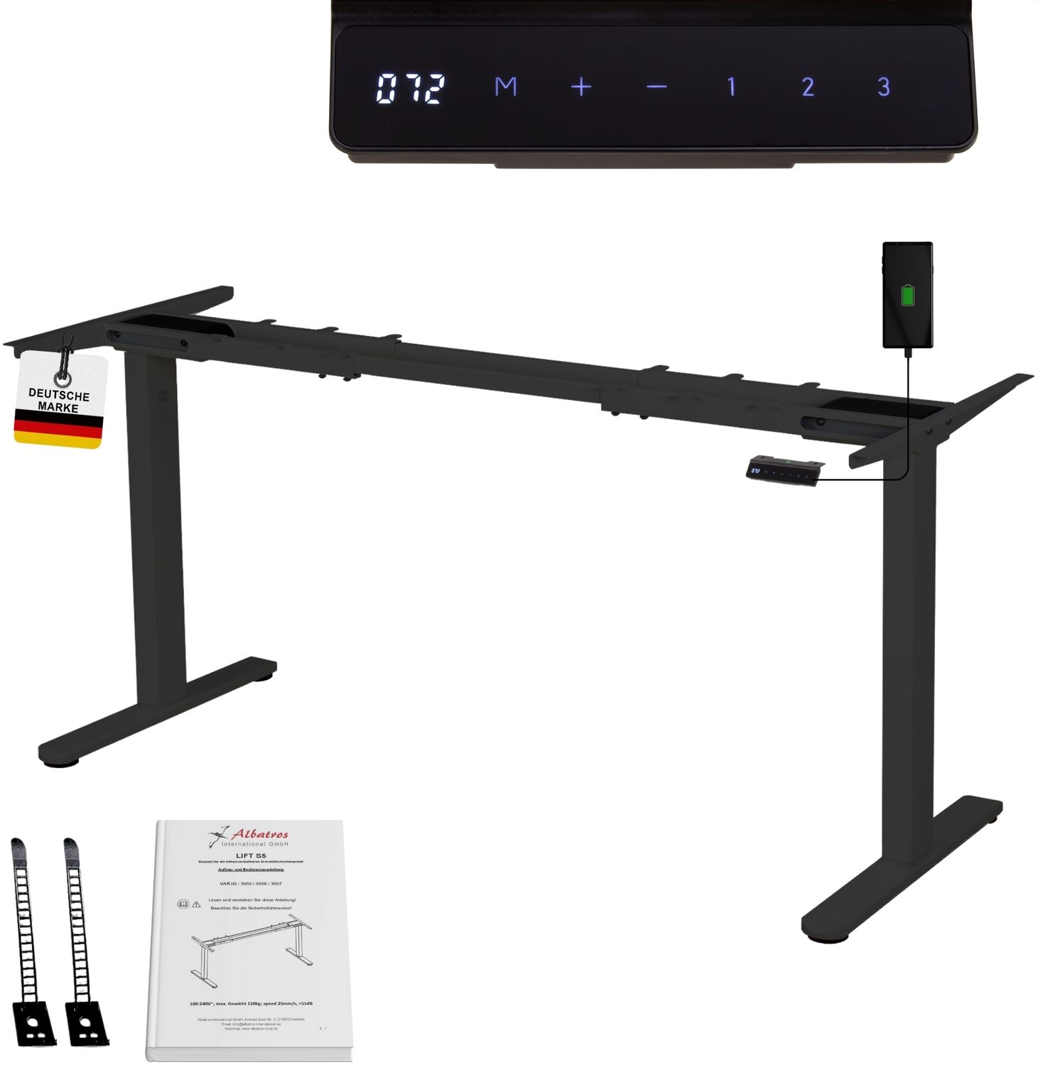 Albatros höhenverstellbares Schreibtisch Tischgestell elektrisch | LIFT S5 Schwarz | Gestell, Tischbeine, Tischfüße Metall | Display | 120Kg belastbar
