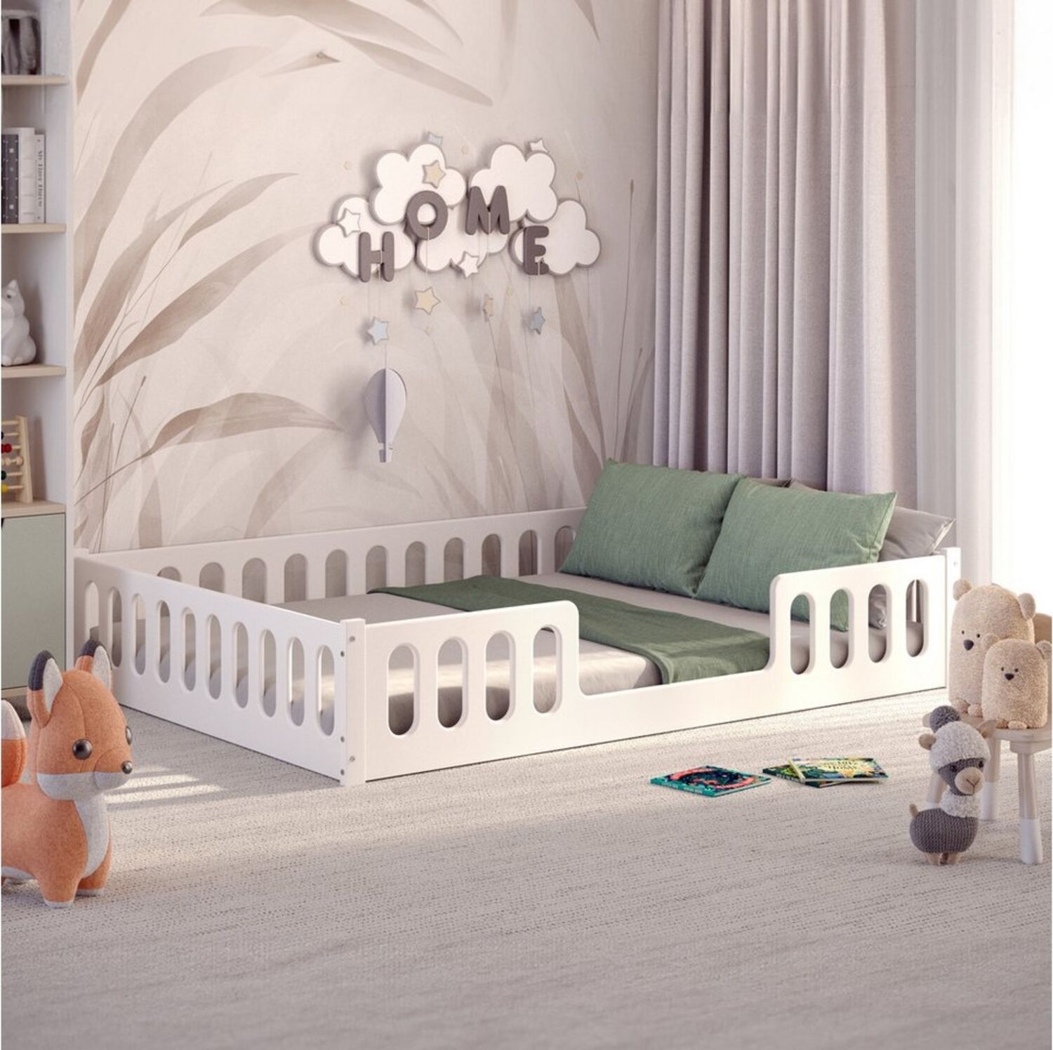 CADANI Monte 2in1 Bodenbett 140x200 cm Montessori Kinderbett Rausfallschutz abnehmbar - weiß, 46 kg schwer, bis 200 kg belastbar, extra starker Roll-Lattenrost, umbaubar