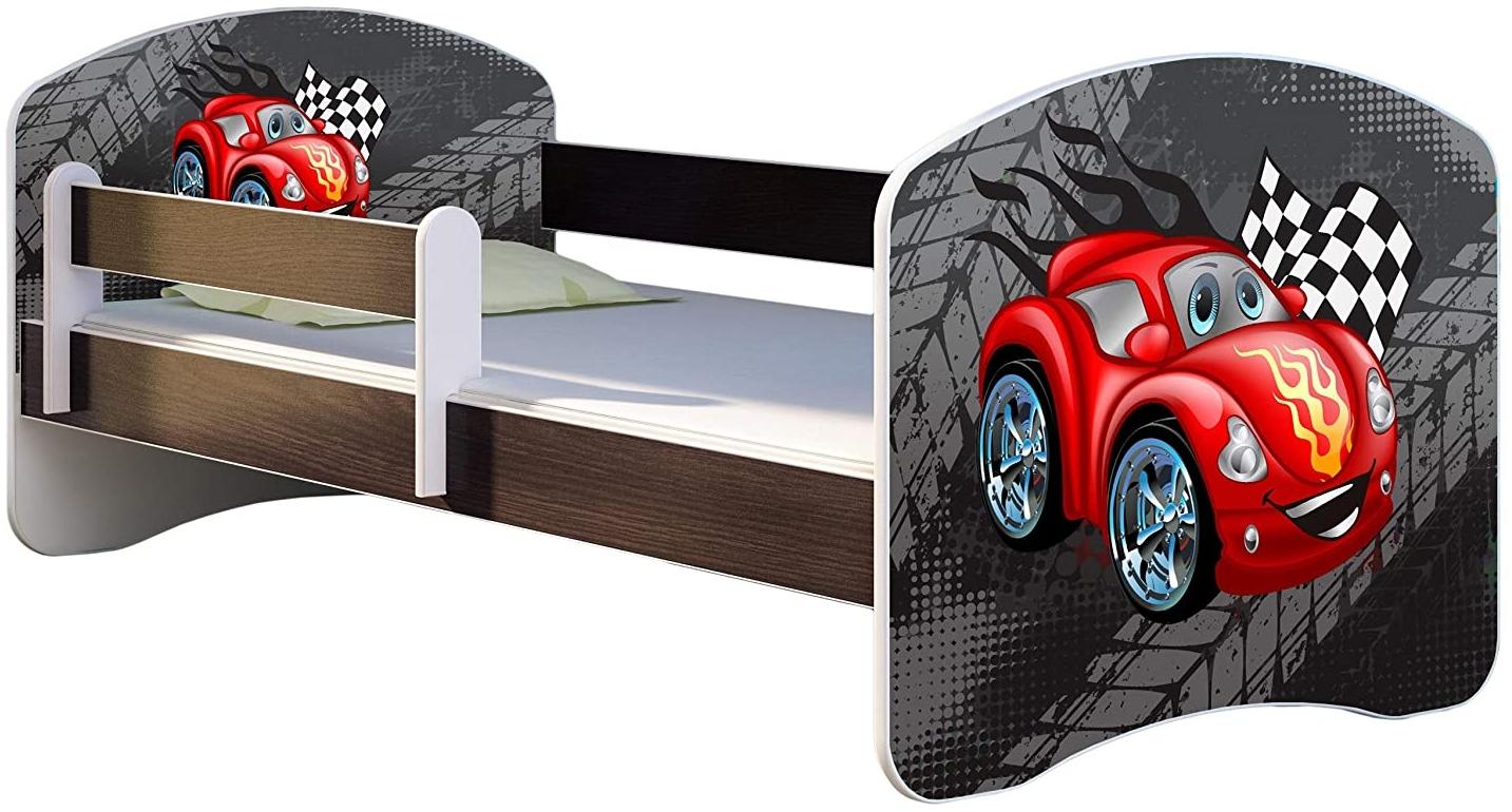 ACMA Kinderbett Jugendbett mit Einer Schublade und Matratze Wenge mit Rausfallschutz Lattenrost II 140x70 160x80 180x80 (05 Rote Auto, 160x80)