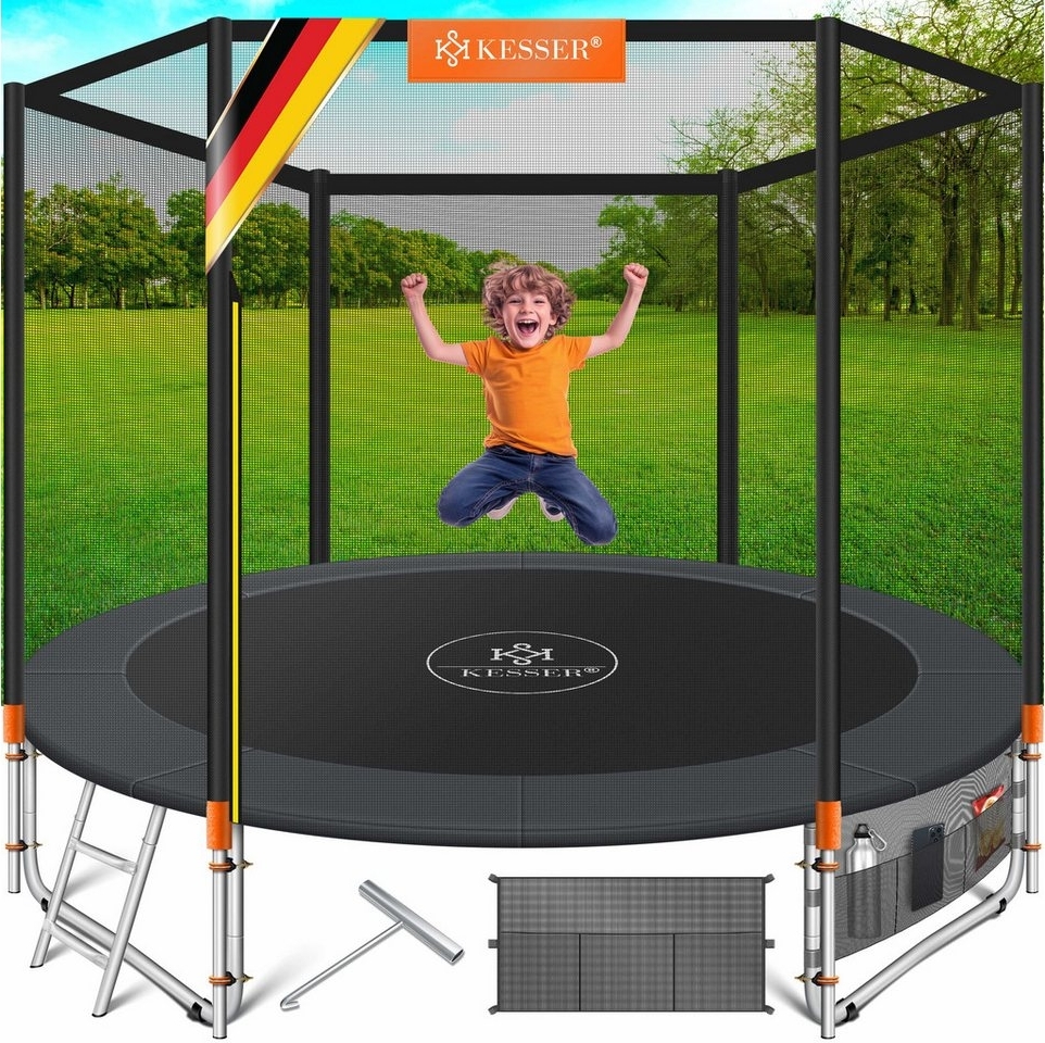 KESSER® - Trampolin | TÜV Rheinland GS Zertifiziert | Komplettset mit Sicherheitsnetz, Leiter, Randabdeckung, Seitentasche & Zubehör | Kindertrampolin Gartentrampolin Belastbarkeit 150 kg Orange, 244 cm