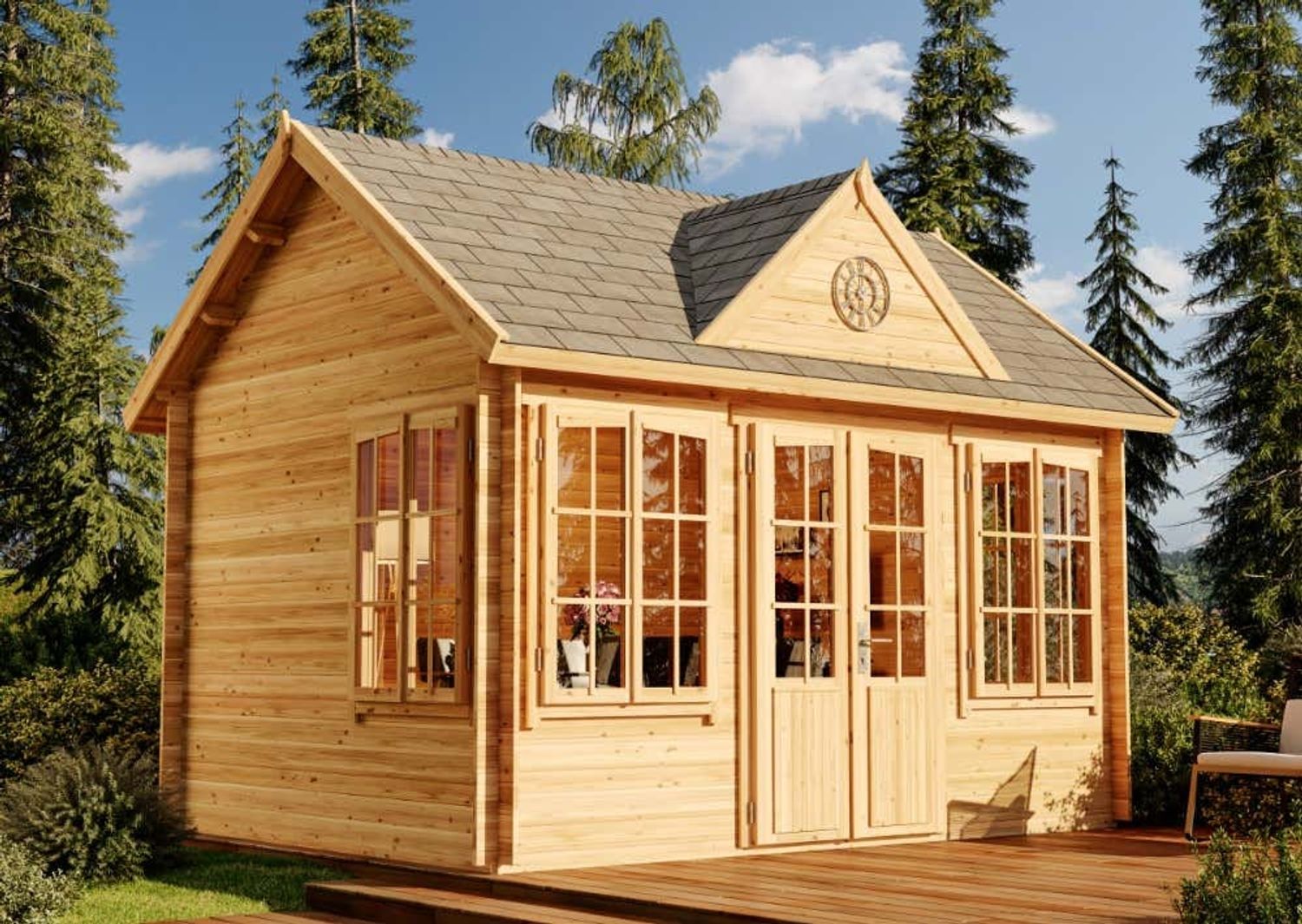 Alpholz Gartenhaus CLOCKHOUSE® 28 Gartenhaus aus Holz in Pinie Holzhaus mit 28 mm Wandstärke Blockbohlenhaus mit Montagematerial