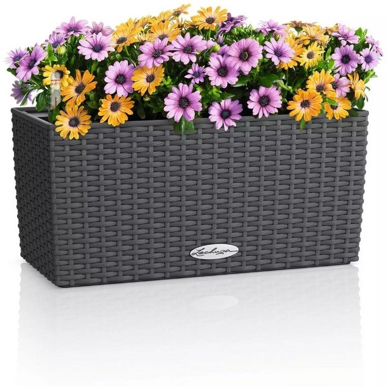 LECHUZA-Pflanzgefäß BALCONERA Cottage 40 Granit, Balkonkasten mit Bewässerungssystem, Wasserstandsanzeiger und Pflanzeinsatz, Flechtoptik, 40 x 19 x 19 cm, 15471
