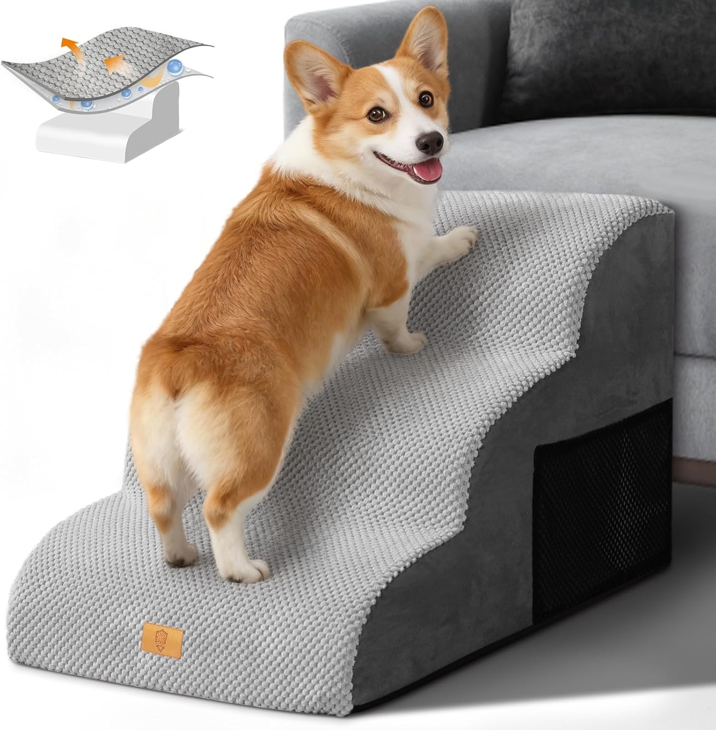 HEVOL Hundetreppe mit 3 Stufen – Hochwertige Schwamm-Hundetreppe für kleine Hunde, tragbare Haustiertreppe und Katzentreppe mit waschbarem Bezug für Sofa und Bett. Inklusive 1 Fusselrolle