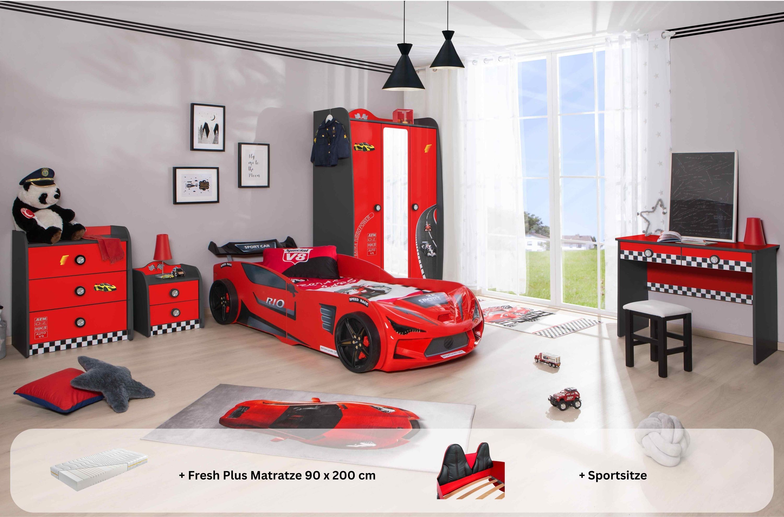 Kinderzimmer komplett Set mit Autobett Rio 5 teilig Rot
