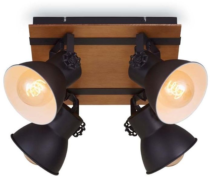 Briloner Leuchten Deckenlampe retro mit Holzbalken, 4-flammige Deckenleuchte vintage, E27 Fassung max. 40 Watt, verstellbare Lampenschirme, rustikaler Deckenspot, Schwarz-Weiß-Holz, 1 Stück (1er Pack)