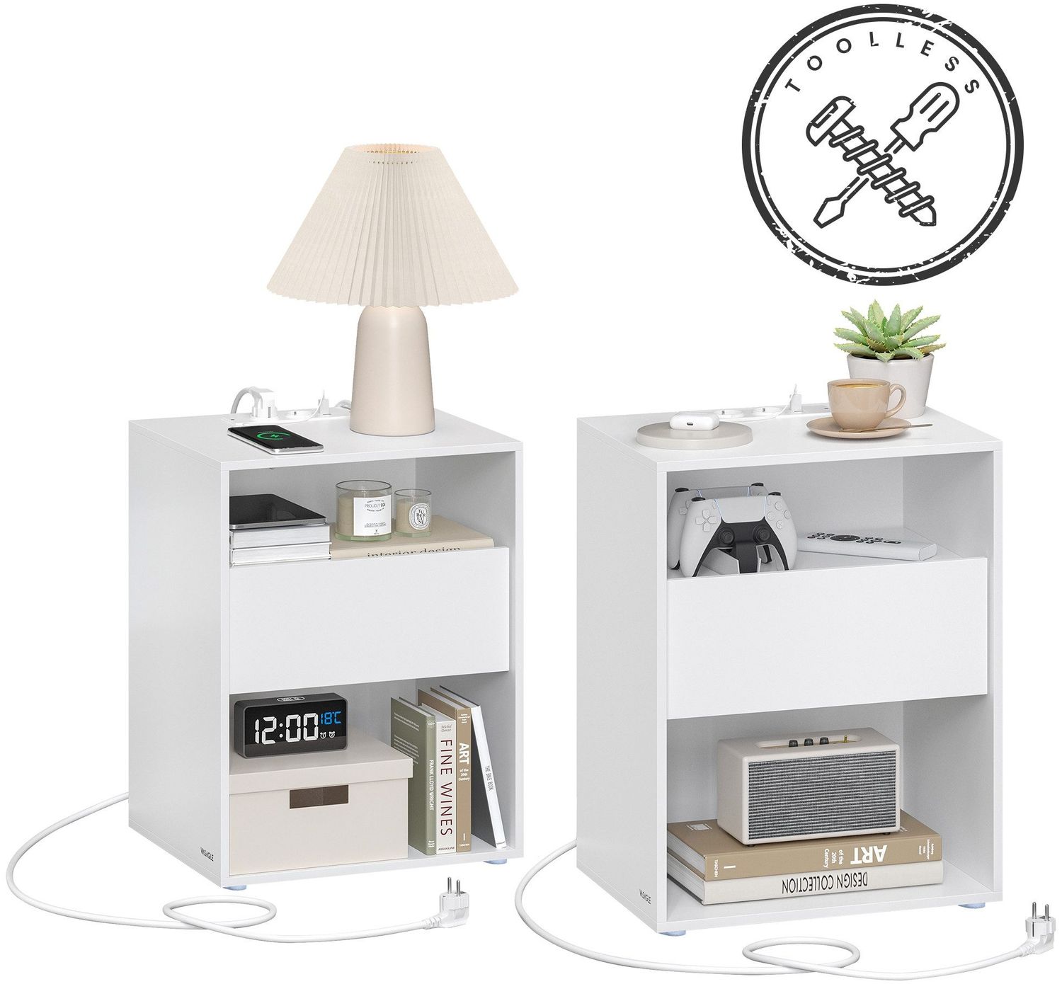 Vasagle Toolless-Technologie, superschnelle werkzeuglose Montage, Nachttisch 2er Set, Beistelltisch mit Ladefunktion, Nachtschrank mit Schublade, modern, Schlafzimmer, Wohnzimmer, mattweiß LETDE776W01