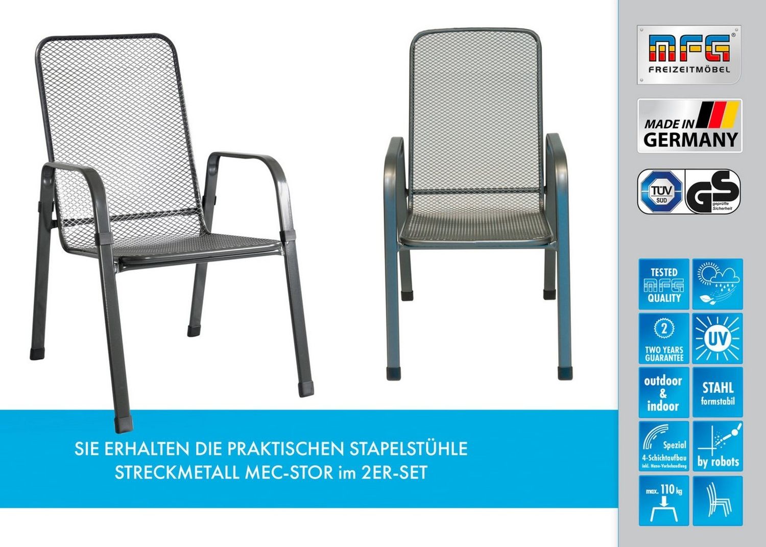 MFG Freizeitmöbel Stapelstuhl MFG Streckmetall-Stapelstuhl "Mac-Stor", 2-er Set (2 St)