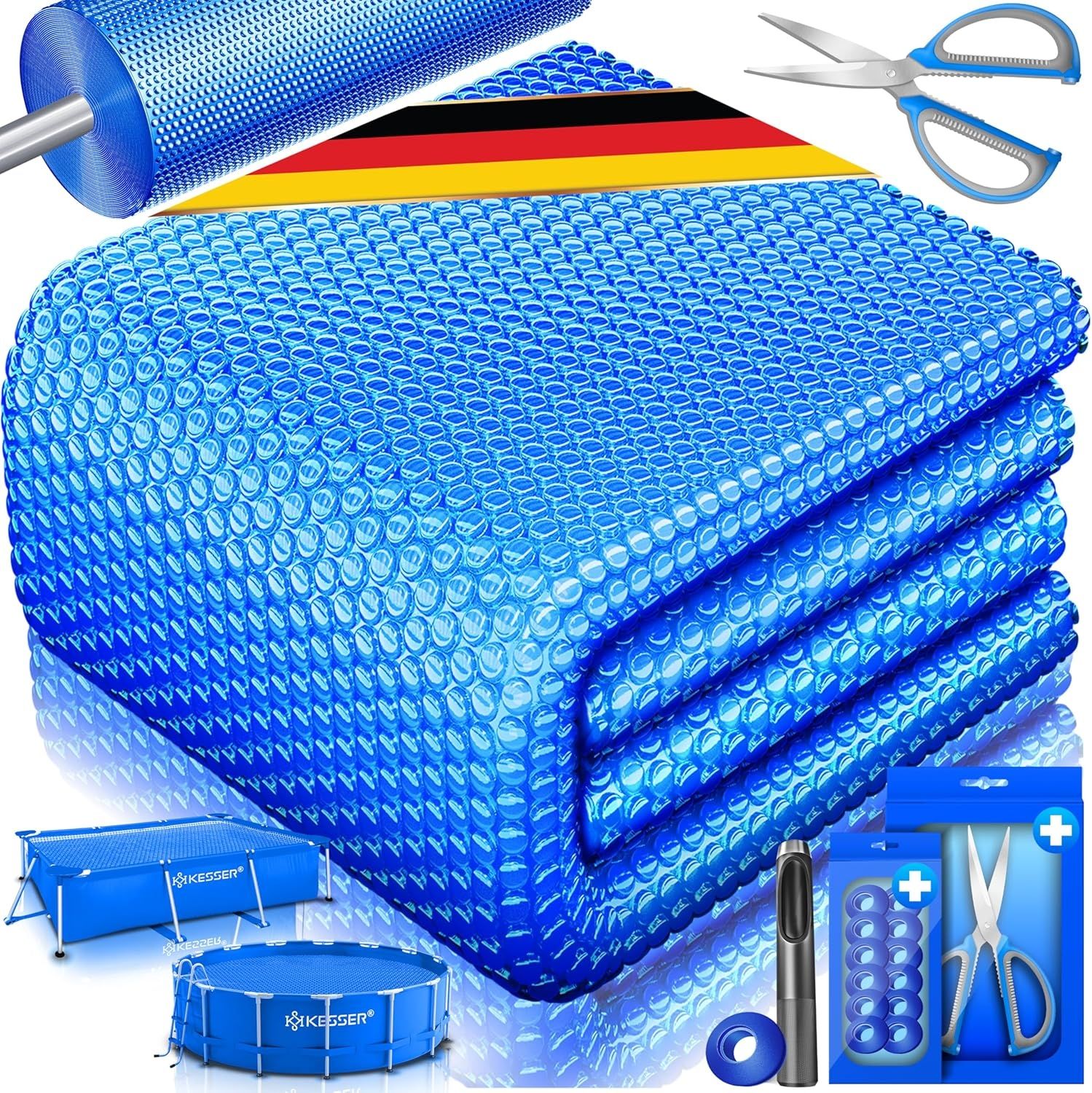 KESSER® Pool Solarfolie 400 µm | Solarplane Poolabdeckung | Solarabdeckplane flexibel zuschneidbar | Poolplane für Wassererwärmung | Solarabdeckung mit Schere, Lochzange & 12 Ösen Blau, 260 x 160cm