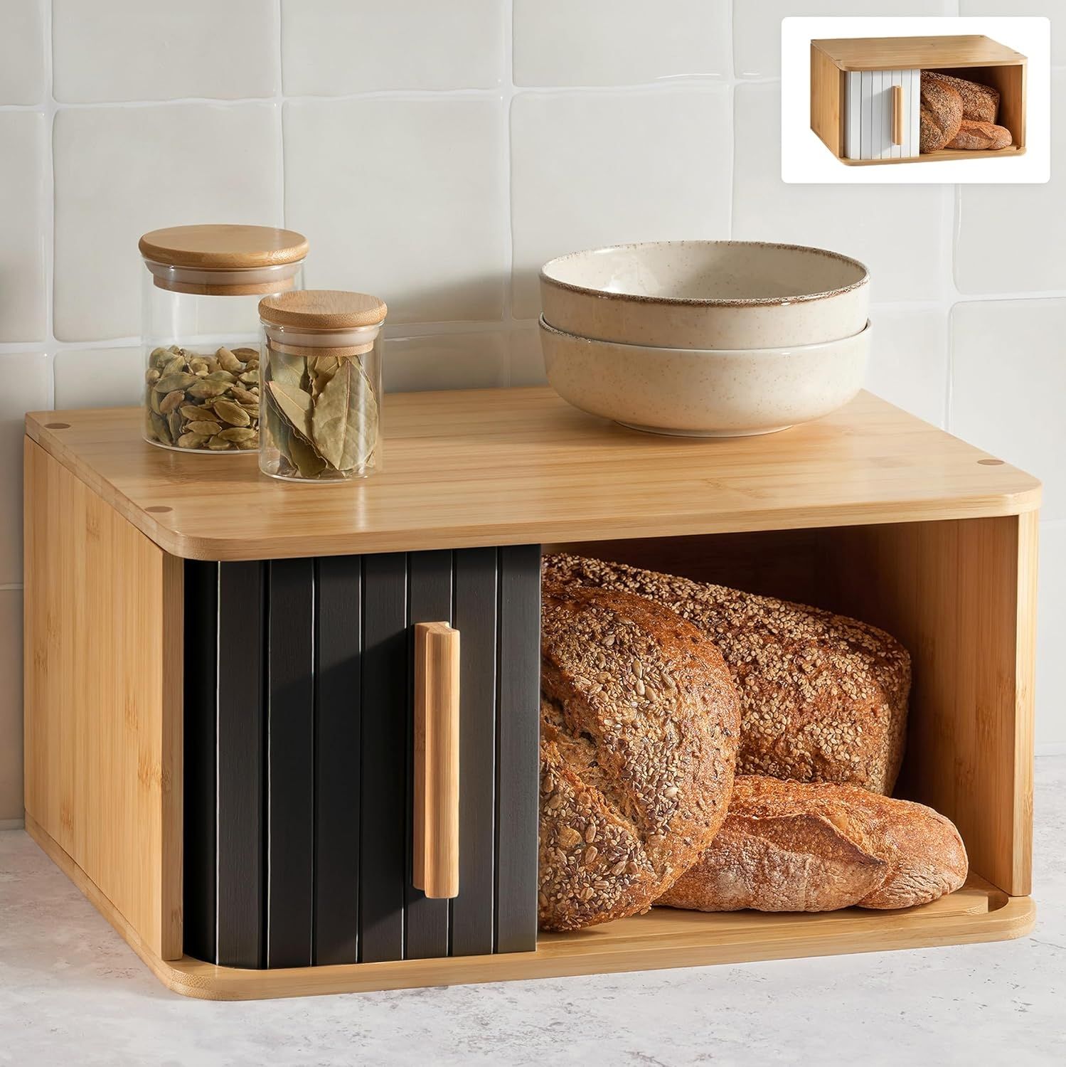 Praknu Brotkasten Brotkasten Groß aus FSC® Holz mit Schiebetür - Brotaufbewahrung, Bambus, FSC® Holz - Platzsparend und stilvolle Brotbox für längere Frische