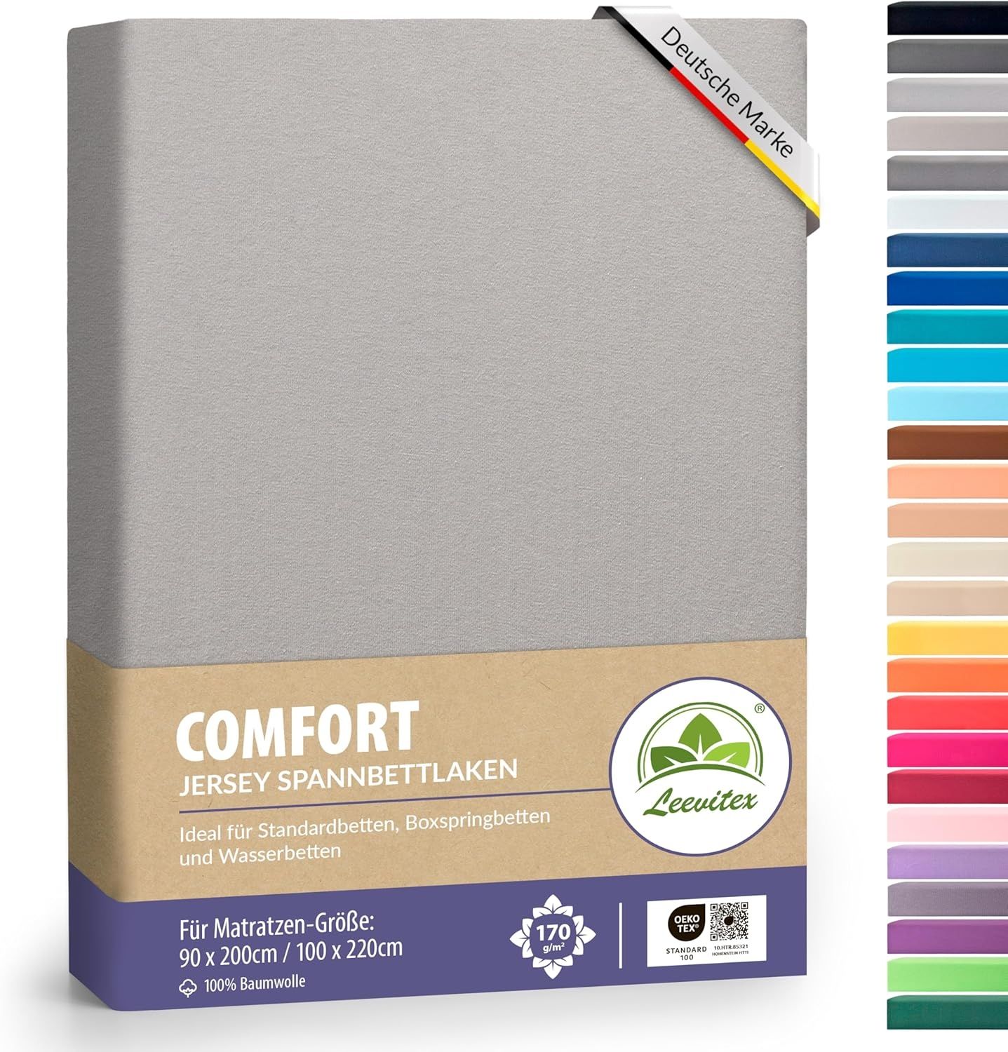 leevitex® Spannbettlaken, Premium 170g/m², Gummizug: rundum, schwer und dick, 100% Jersey-Baumwolle, Silber / Hellgrau, 90 x 200 - 100 x 220 cm