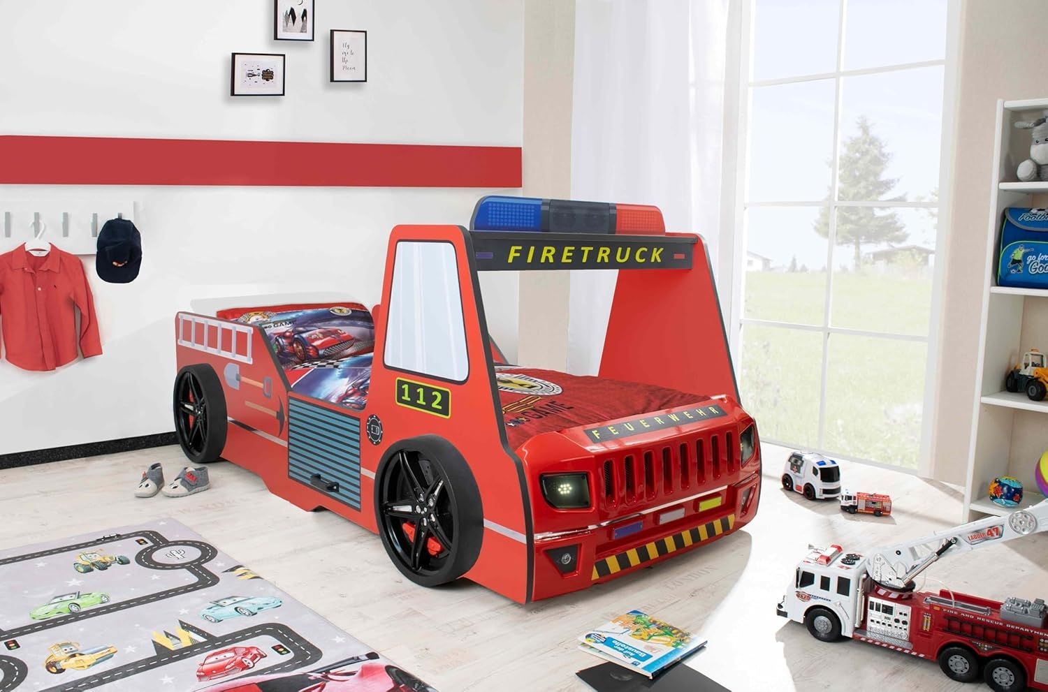 Autobett Kinderbett 90x200 Feuerwehrbett "Rio Firetruck" Hochglanz mit LED Leuchte Rot