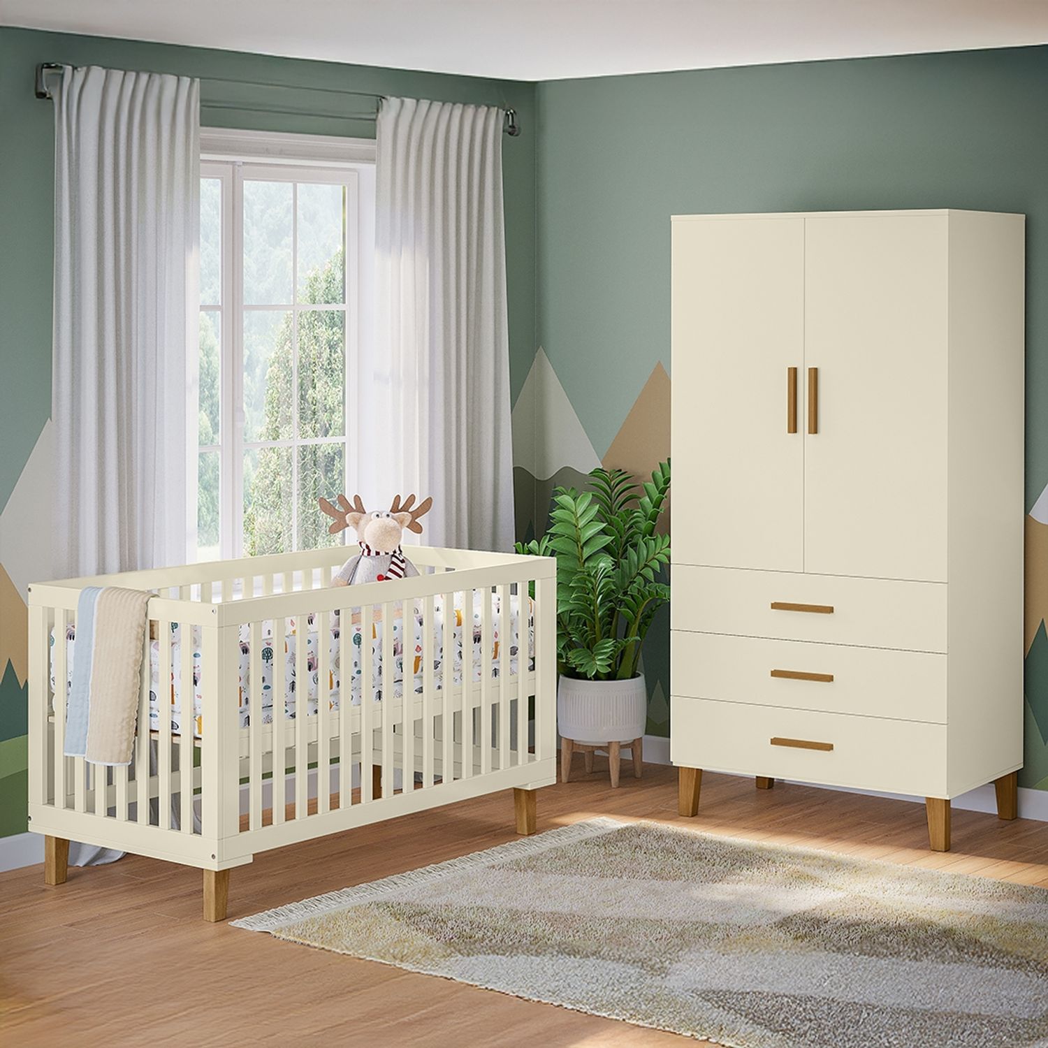 Bellabino 'Liri' Babyzimmer Set aus Babybett 70x140 cm und Kinderkleiderschrank, beige, 3-fach höhenverstellbares Kinderbett (umbaubar in Juniorbett), Kleiderschrank für Kinderzimmer mit 3 Schubladen
