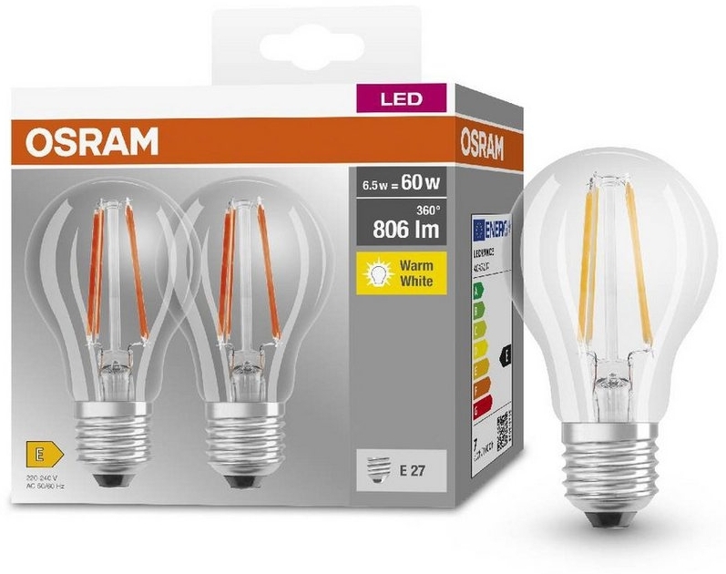 Osram BASE CLASSIC A FIL 60 LED-Lampe mit Sockel E27, klassische Kolbenform, Doppelpack, 6,5W, 806lm, 2700K, warmweißes Licht, geringe Wärmeentwicklung, lange Lebensdauer, geringer Energieverbrauch