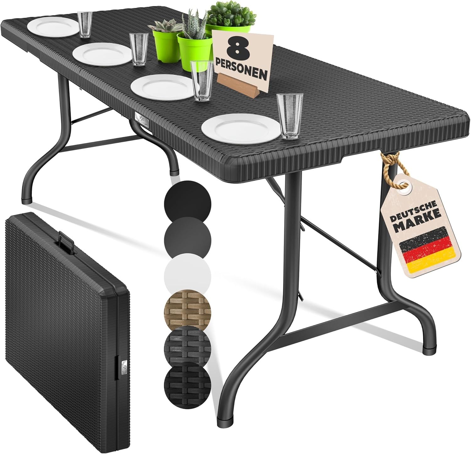 KESSER® Buffettisch Tisch klappbar Kunststoff 183x76 cm Rattan Optik Campingtisch Partytisch Klapptisch Gartentisch für Garten Terrasse und Balkon zusammenklappbar 6 Personen ink. Tragegriff Anthrazit
