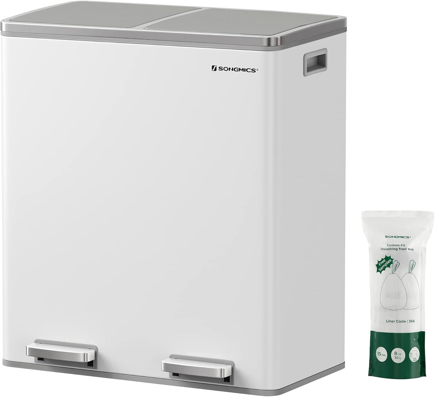 Songmics Mülleimer mit 2 Fächern und Softclose, luftdicht inkl. Müllbeutel, Metall, 60 (2x30) Liter, Weiß
