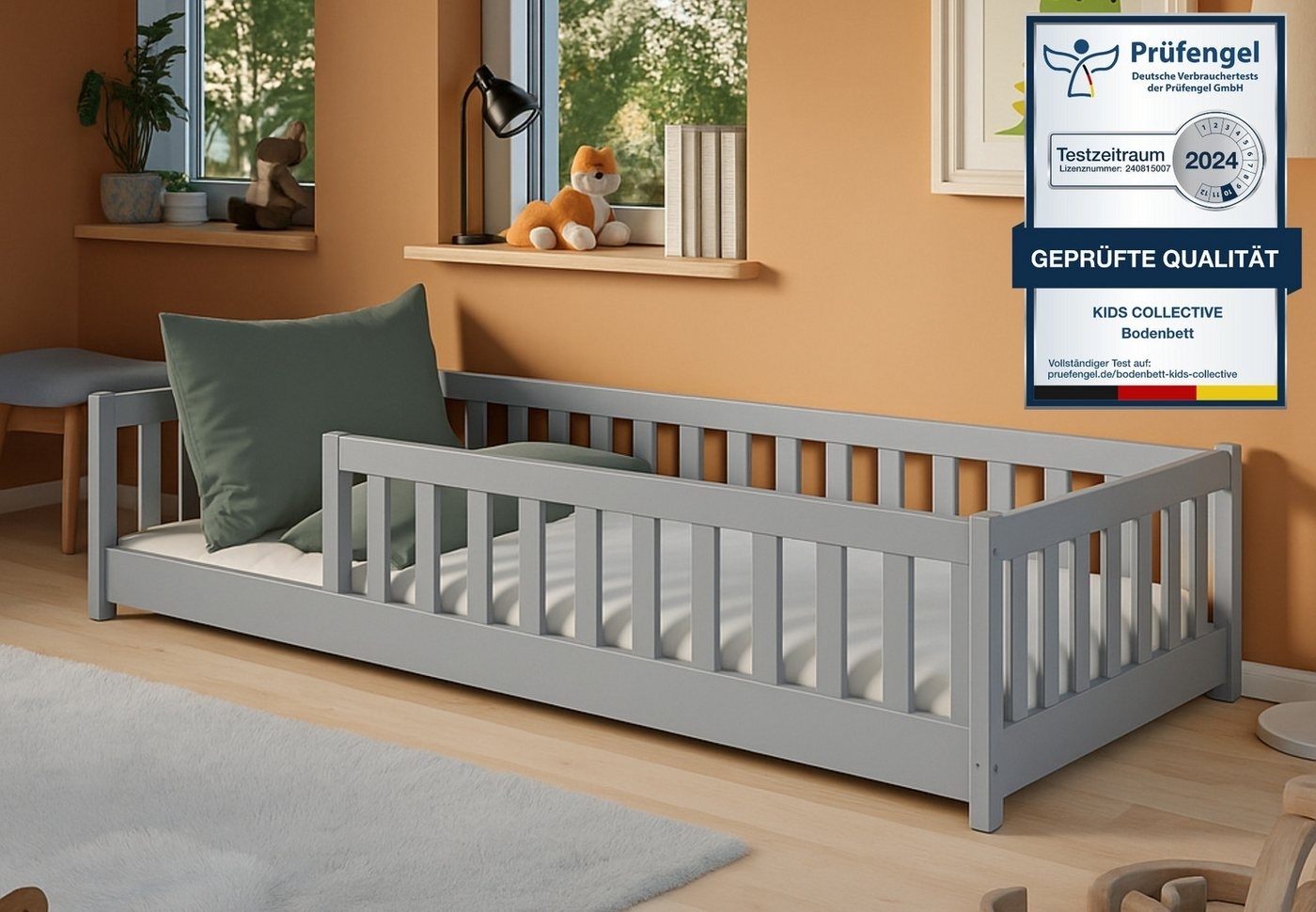 Kids Collective Kinderbett Bodenbett Bett mit Rausfallschutz & Lattenrost Montessori Bett Kinder (weitere Größen 80x160, 80x180, 90x190, 120x200, 140x200 cm), Jugendbett Einzelbett Aschgrau Kiefer 90x200 cm