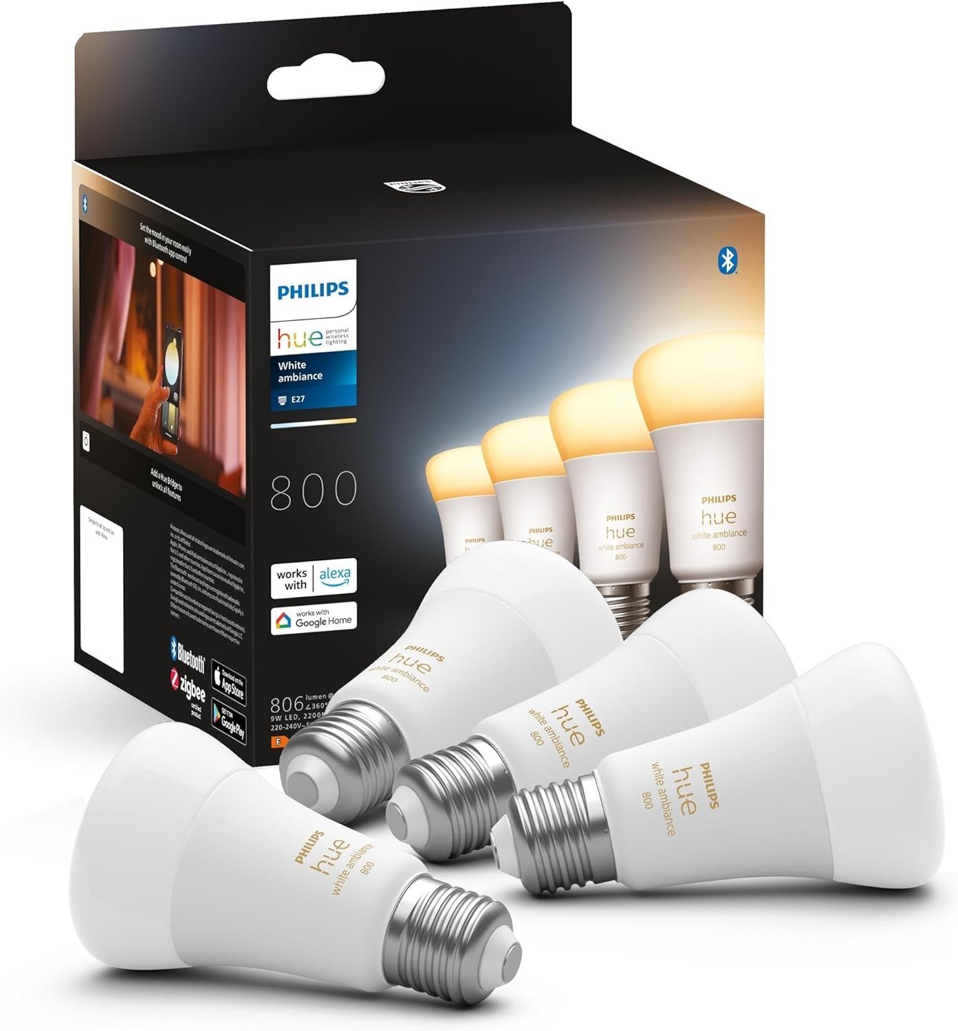 Philips Hue White Ambiance A60 E27 806 Lumen - 4-Pack