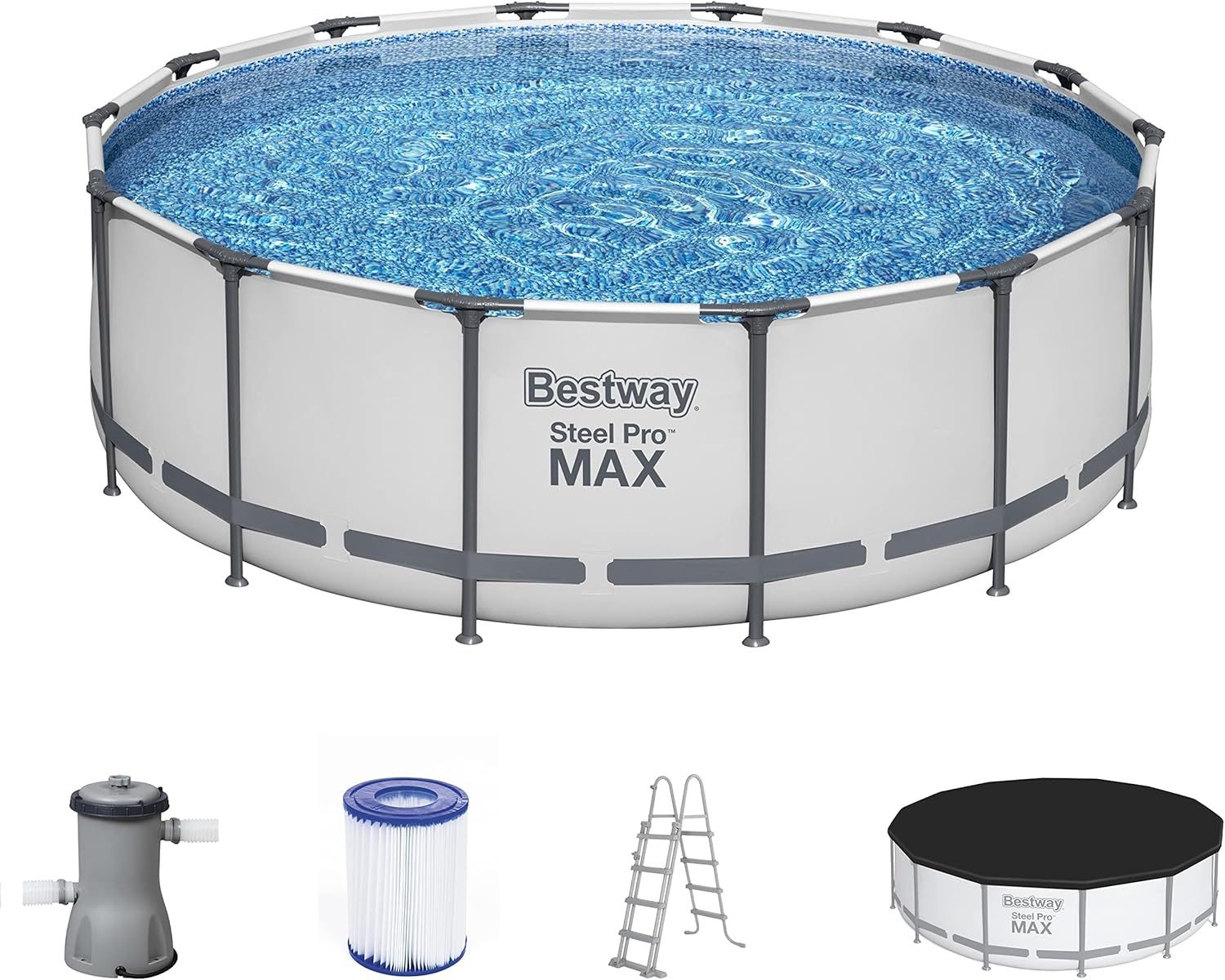 Bestway Steel Pro MAX Frame Pool Komplett-Set mit Filterpumpe Ø 427 x 122 cm, lichtgrau, rund