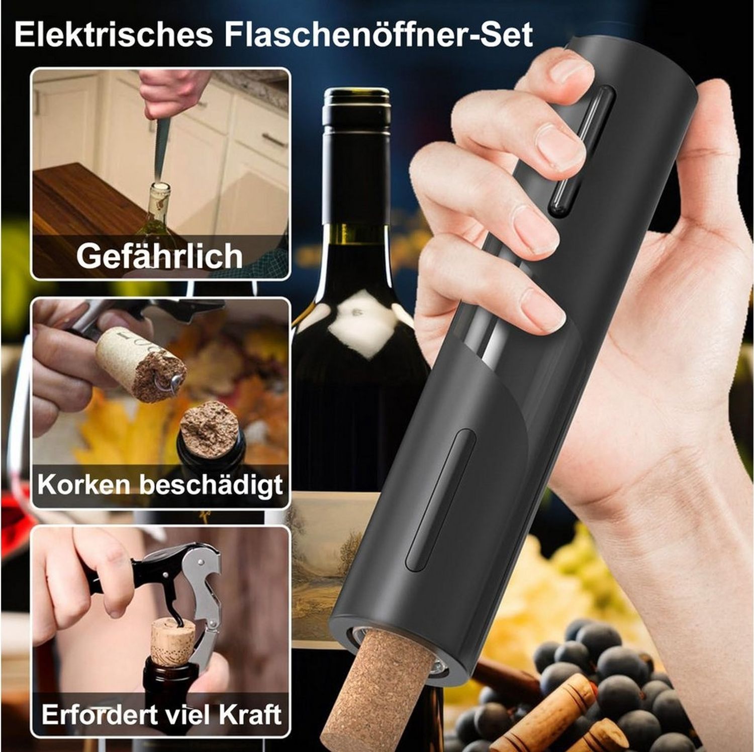 Senmudi Korkenzieher Elektrischer Weinöffner-Set, Wiederaufladbares 6-in-1,Nur 6 Sekunden, (mit Ladestation, Folienschneider, Weinausgießer und Vakuum-Weinstopfen, 6 tlg, Weinöffner-Geschenkset mit USB-Ladekabel Geschenk für Weinfreunde), Geeignet für ...