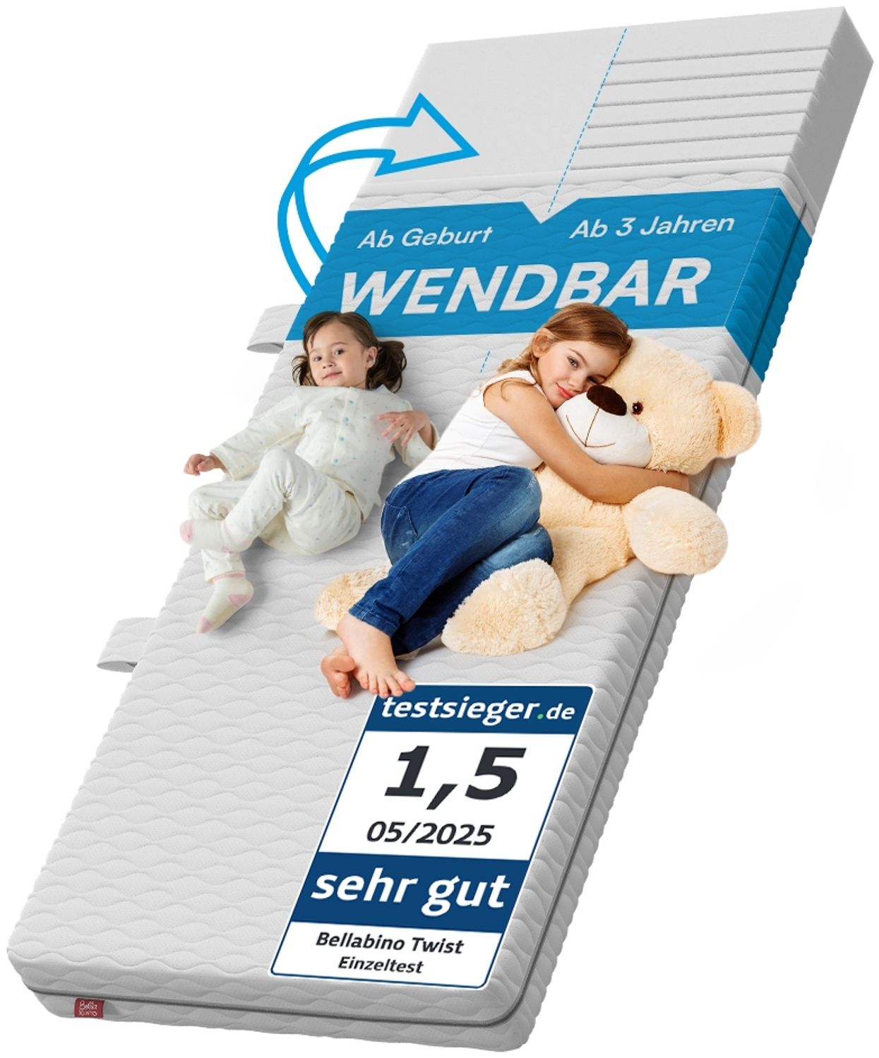 Bellabino 'Twist' Baby- und Kindermatratze 80x160 cm, Höhe 15 cm, Härtegrad H1/H2, wendbare 7-Zonen Kaltschaummatratze, abnehmbarer Bezug, Matratze für Kinder ab Geburt bis 13 Jahren