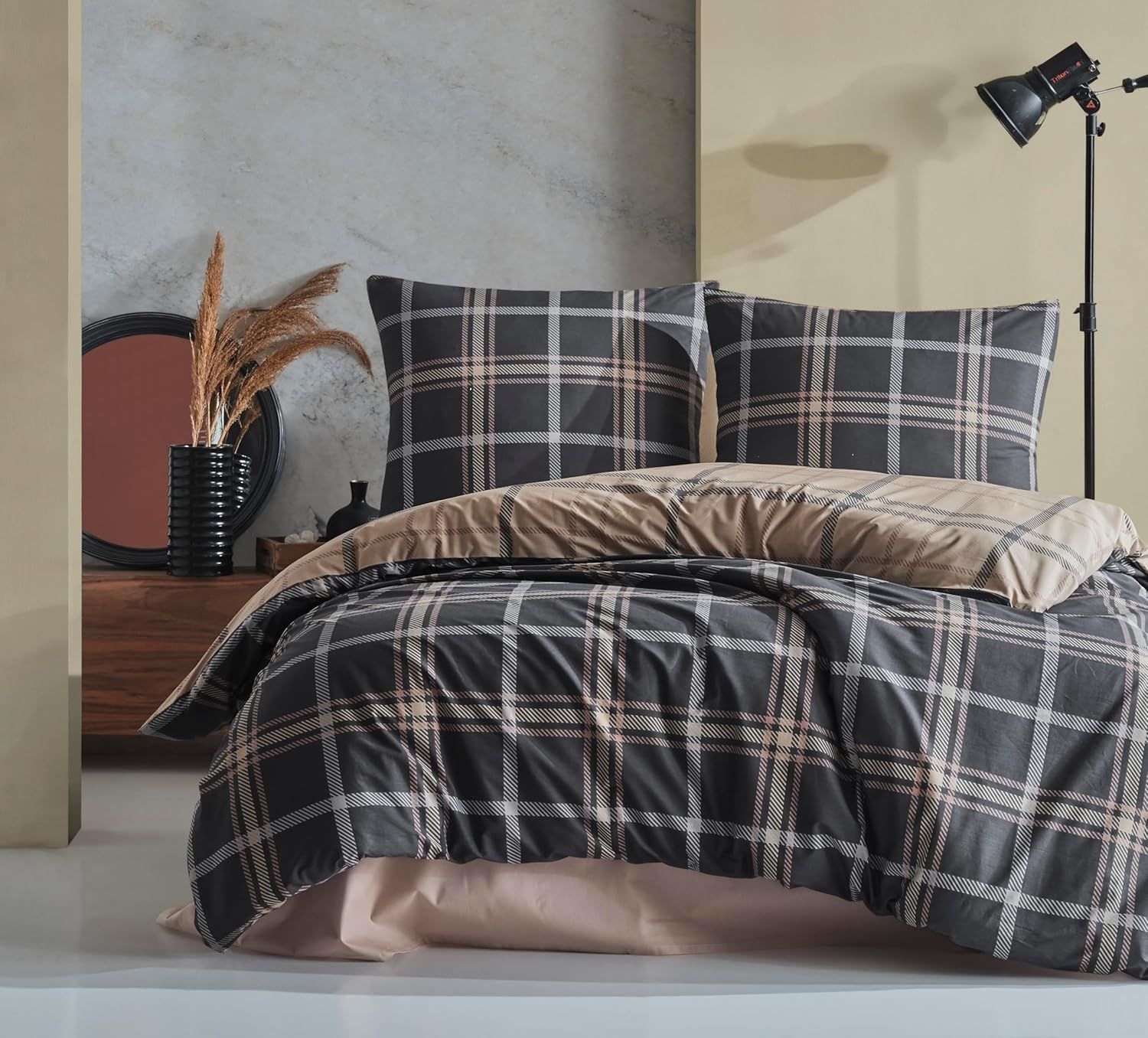 yadetextil Bettwäsche Bettwäsche 200x200 cm. 3 teilig set, Renforce, 3 teilig, schwarz,braun kariert 100% Baumwolle/Renforcé,wende bettbezug,Arbon