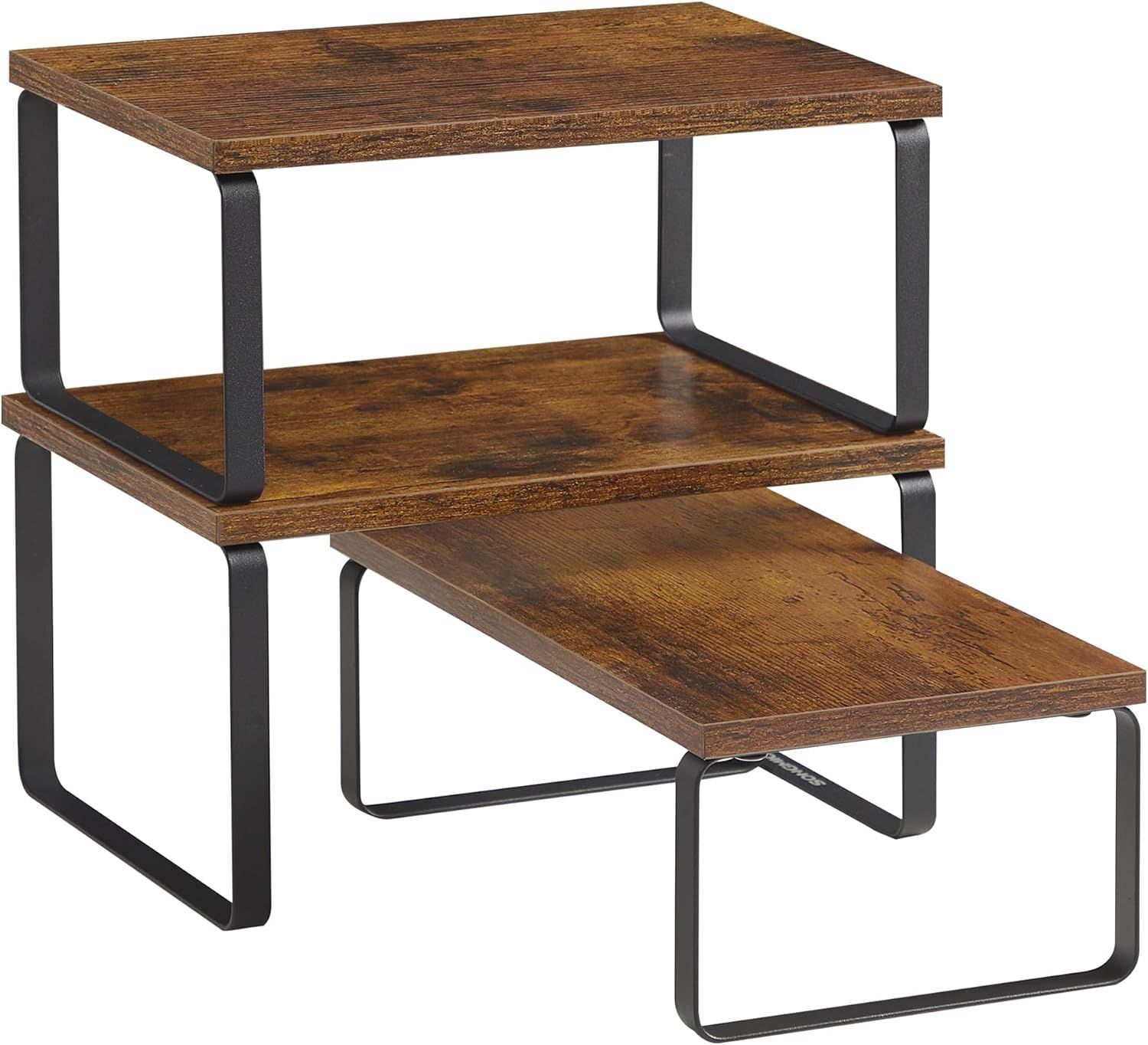 Gewürzregal, 3er Set Küchen-Organizer, Küchenregal, stapelbar, erweiterbar, Metall und Holzspanplatte, braun-schwarz