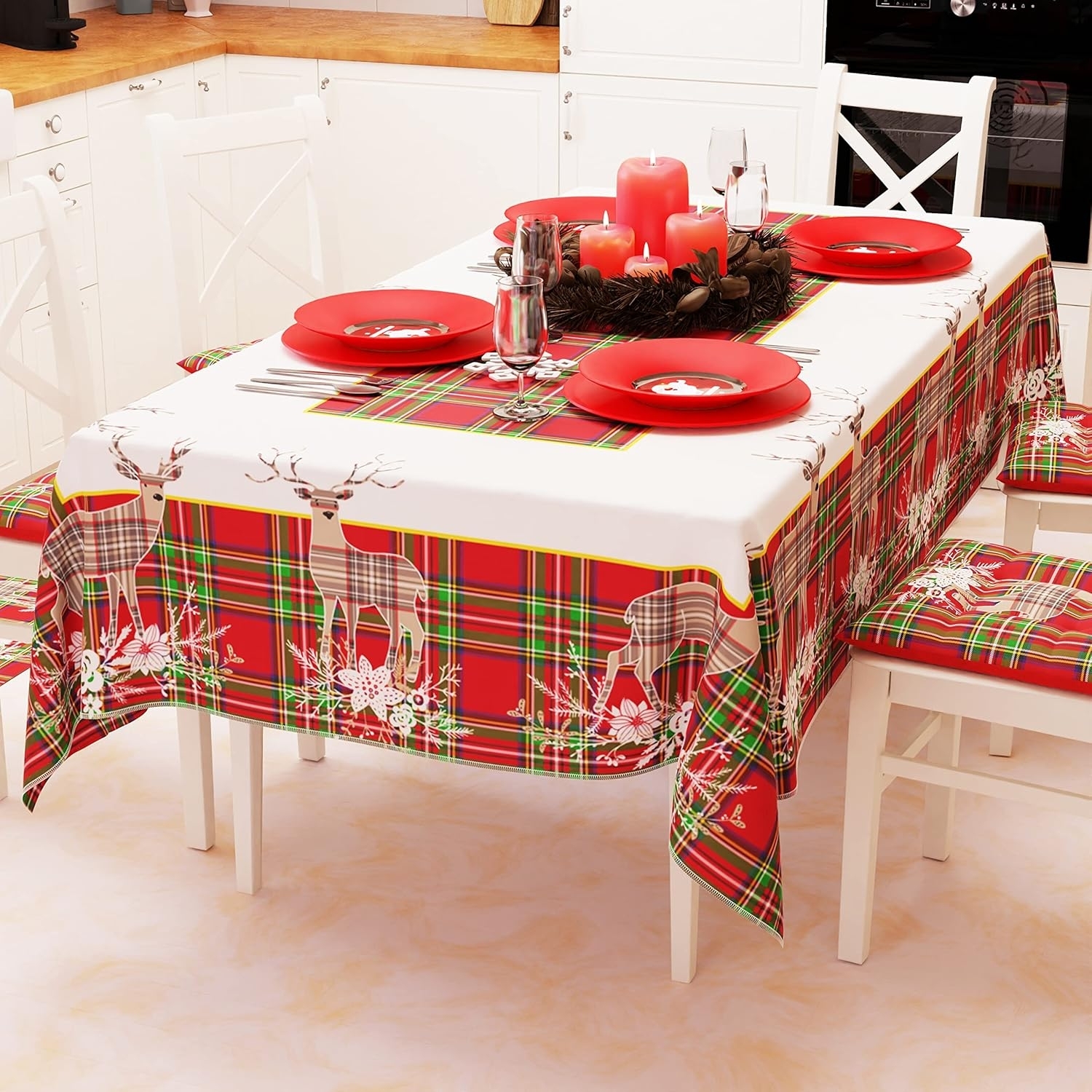PETTI Artigiani Italiani - Tischdecke für Weihnachten, schmutzabweisend, rechteckig, für Weihnachten, Küche, Design Rentier, Beige X12, Sitzer (140x240 cm), 100% Made in Italy