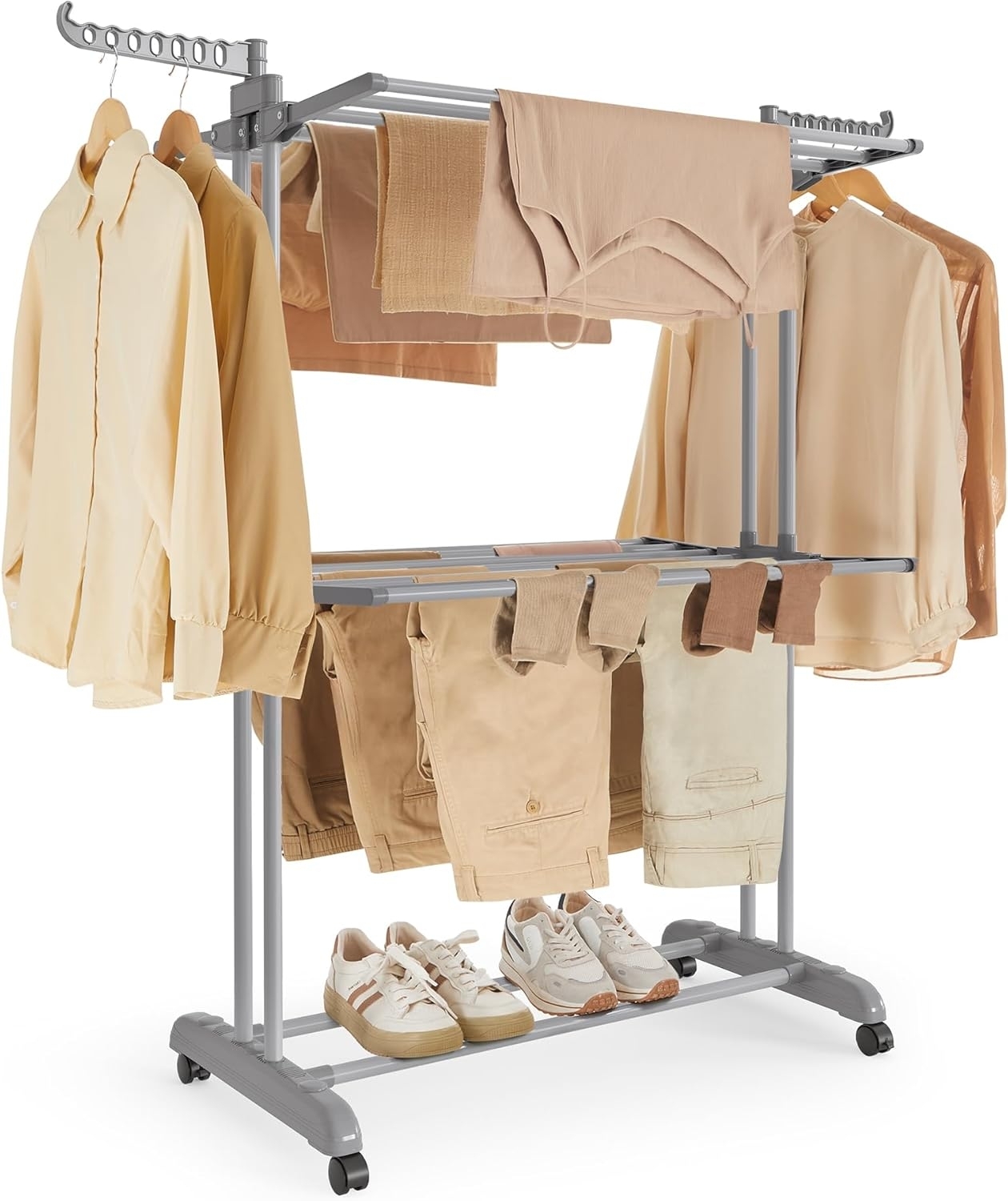 SONGMICS Wäscheständer, Standtrockner 4 Ebenen, Flügelwäscheständer, klappbare Flügel, mit Rollen, 63,5 x 128 x 148 cm, groß, einfacher Aufbau, für Innen- und Außenbereich, taubengrau