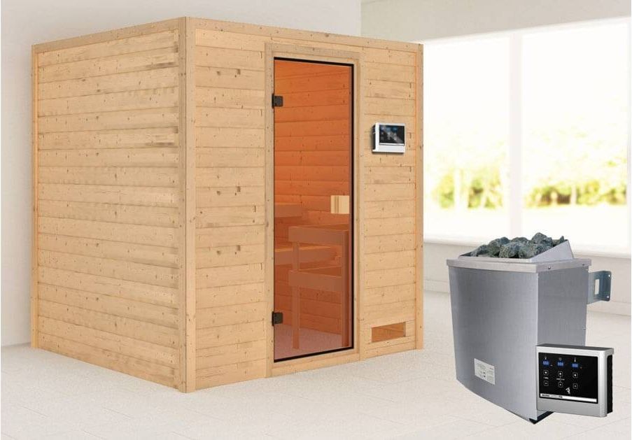 Karibu Sauna Adelina ohne Dachkranz + 9kW Saunaofen mit ext. Steuerung Easy