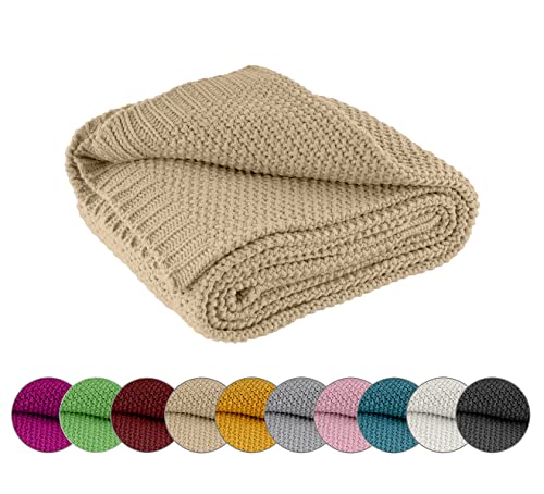 wometo Strickdecke Beige, 140x190 cm, Oeko-Tex® zertifizierte Kuscheldecke aus 100% Polyacryl, pflegeleicht und waschbar