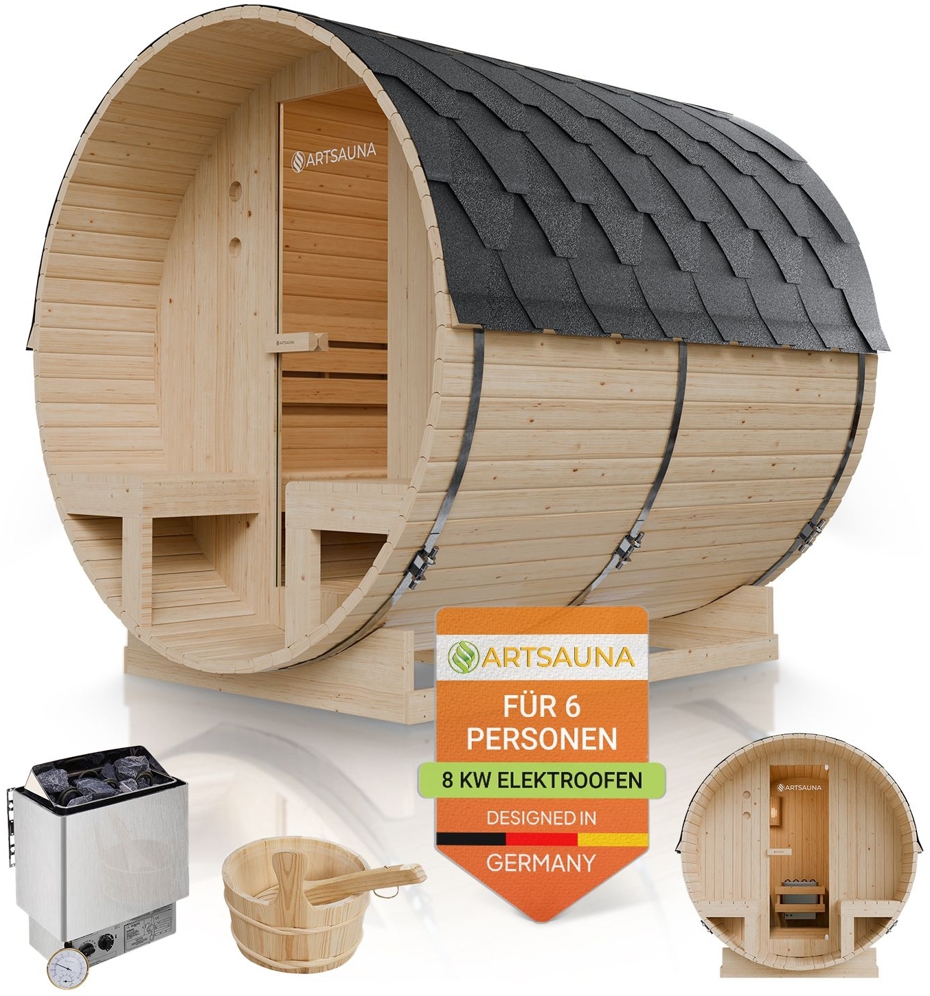 Artsauna Outdoor Fasssauna Spitzbergen 220 für 6 Personen und zwei Bänken - 8 kW Ofen, Saunasteine & Zubehör - Saunafass aus Fichtenholz - Außensauna Gartensauna