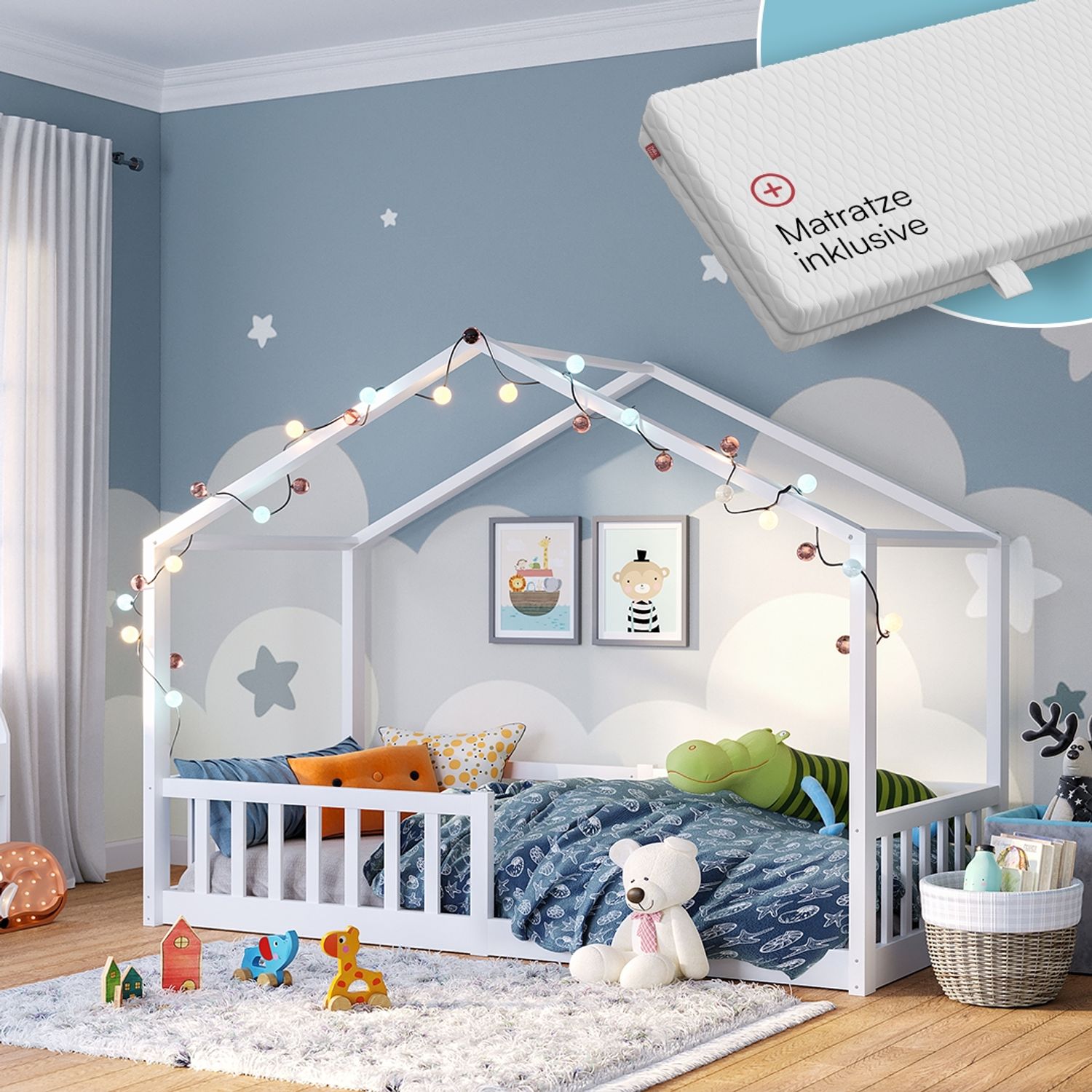 Bellabino 'Bia' Hausbett 90x200 cm mit Matratze, weiß, Kiefer Massivholz, Bodenbett in Hausoptik, Montessori Kinderbett mit Rausfallschutz und Lattenrost