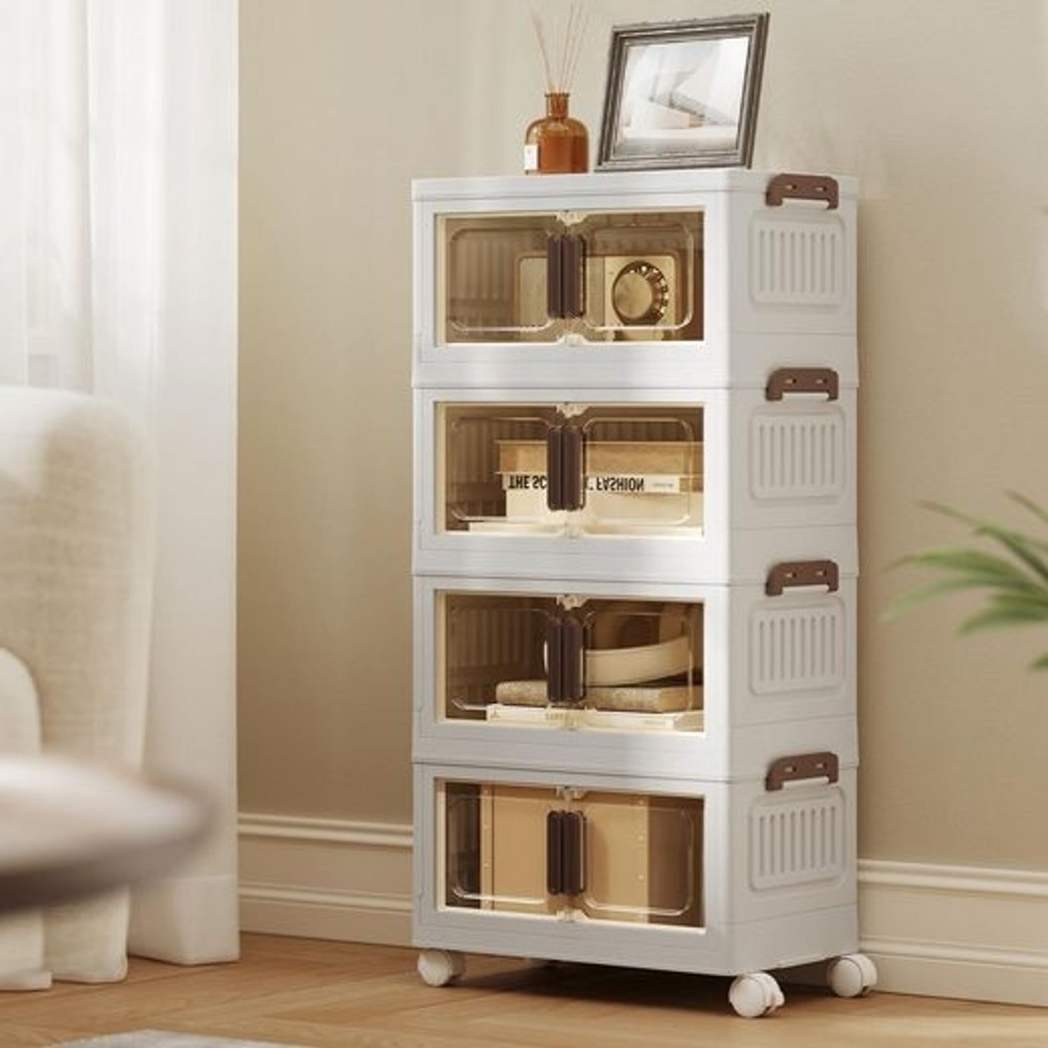 SONGMICS Organizer auf Rollen, 4 Ebenen, Boxen mit Deckel, aus Kunststoff, stapelbar, 100 L, weiß